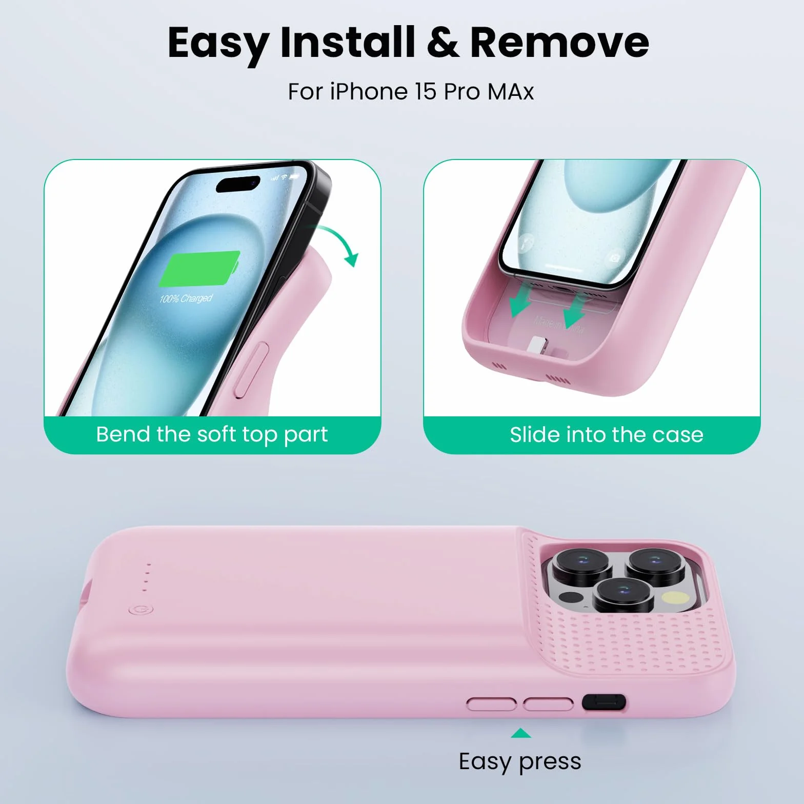 Feob Funda Batería para iPhone 15 Pro MAX,【15W Carga Rápida & Potente】 8600mAh Funda Cargador Portatil Carcasa Batería Recargable Ultra Capacidad Batería Externa para iPhone 15 Pro MAX [6,7"] - Rosa