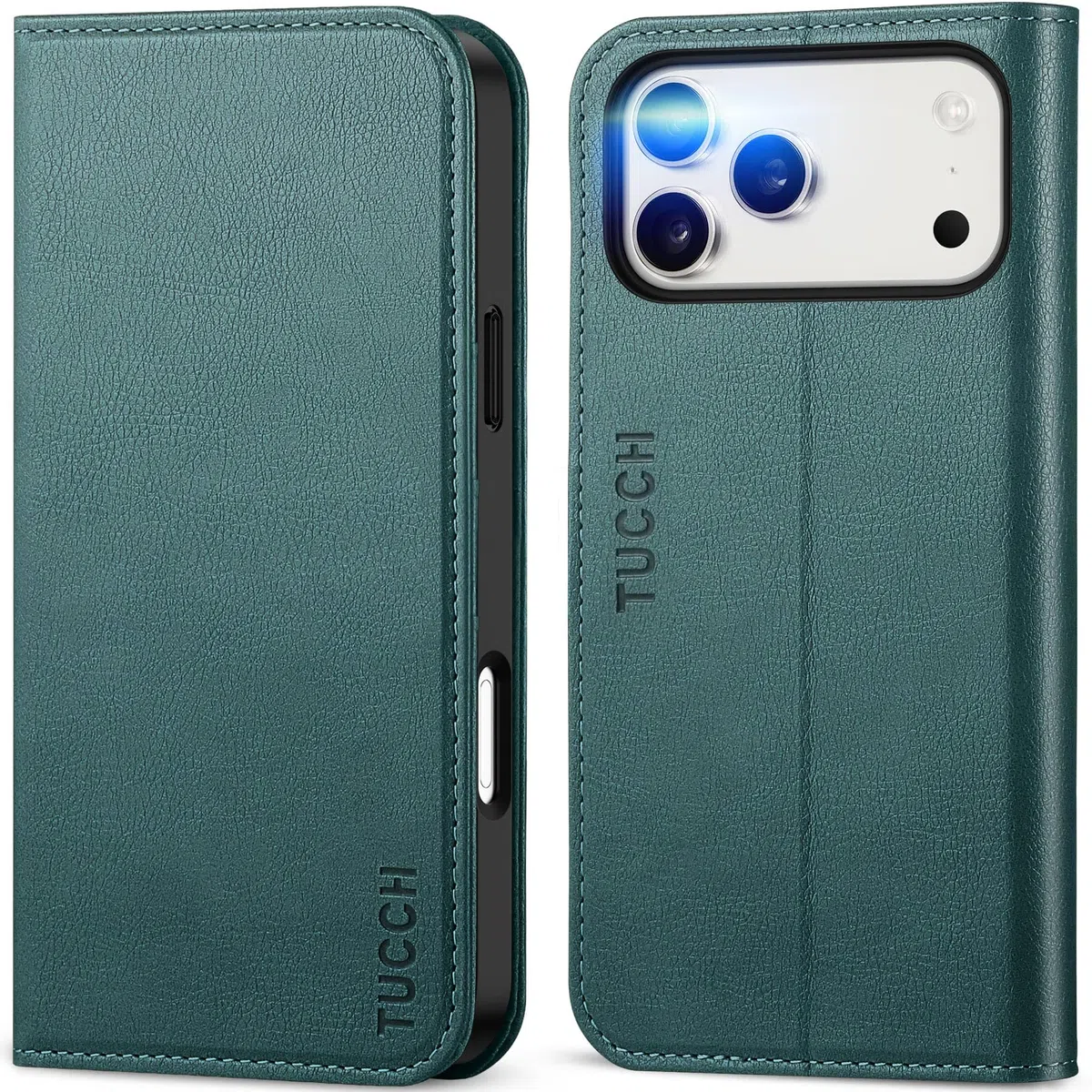 TUCCH Funda Piel para iPhone 17 Pro MAX 6,9-Pulgadas 5G 2025 [Bloqueo RFID] | Funda TPU A Prueba de Golpes Ranuras Tarjetas, Función Soporte Carcasa Case Protección Completa, Verde Pino Texturizado