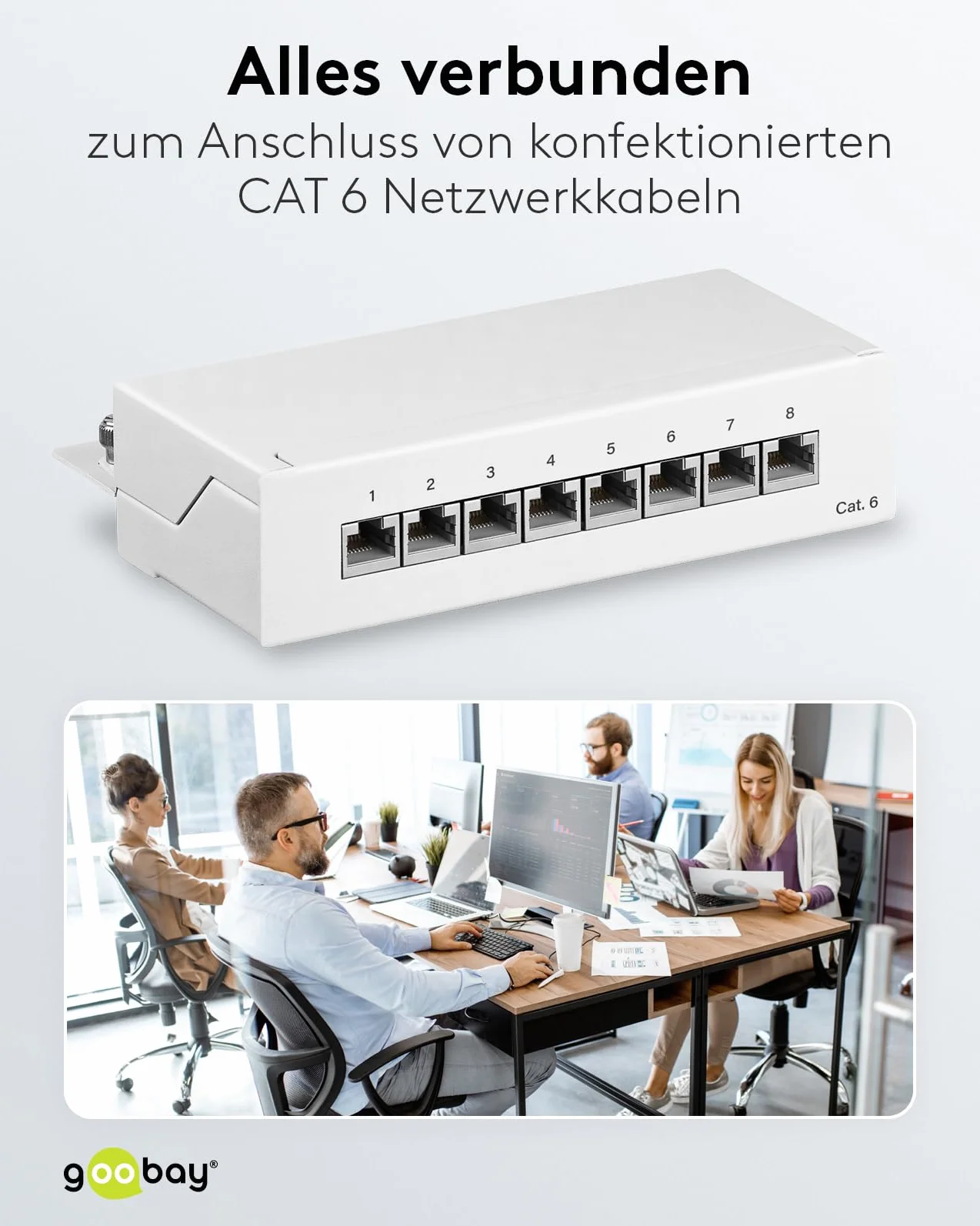 Goobay Cat 6 Mini/Desktop Patch Panel, 8 puertos, color blanco – STP, color blanco