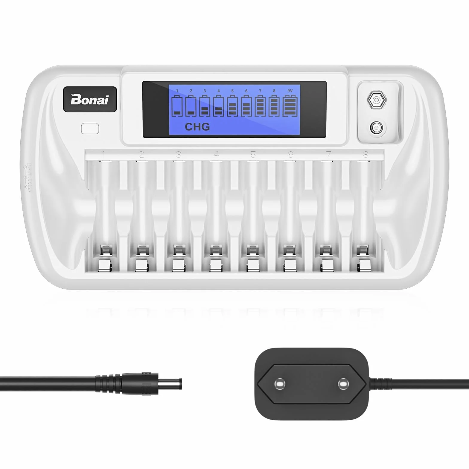 BONAI LCD Cargador de Pilas para AA AAA Ni-MH y 9V Pilas Recargables, 9 Slot Cargador de Pilas Inteligente Universal Función de Descarga con AC Adaptador