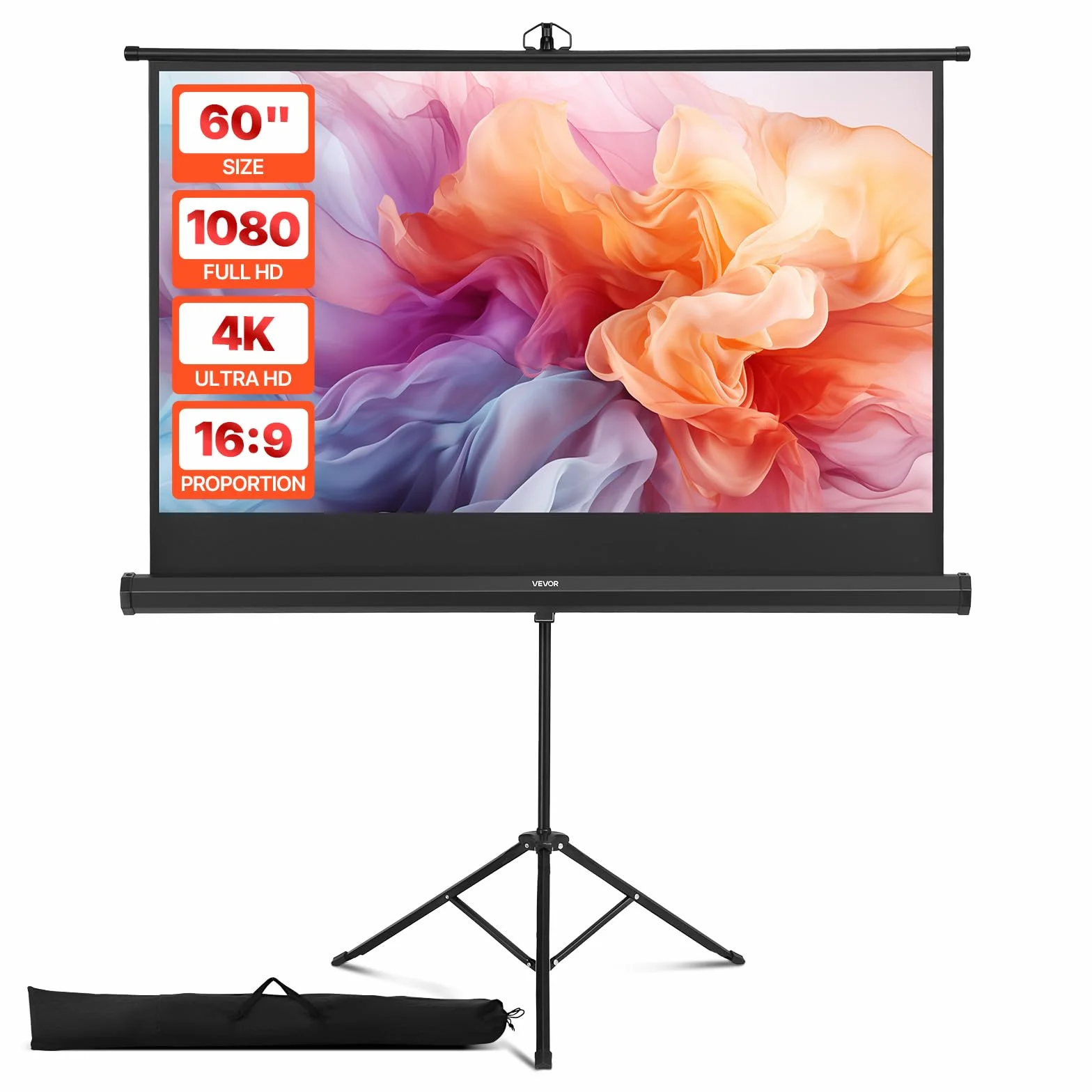 VEVOR Pantalla de Proyector 152,4 cm con Trípode, Portátil Antiarrugas, 160° 16:9 4K HD para Proyector Hogar