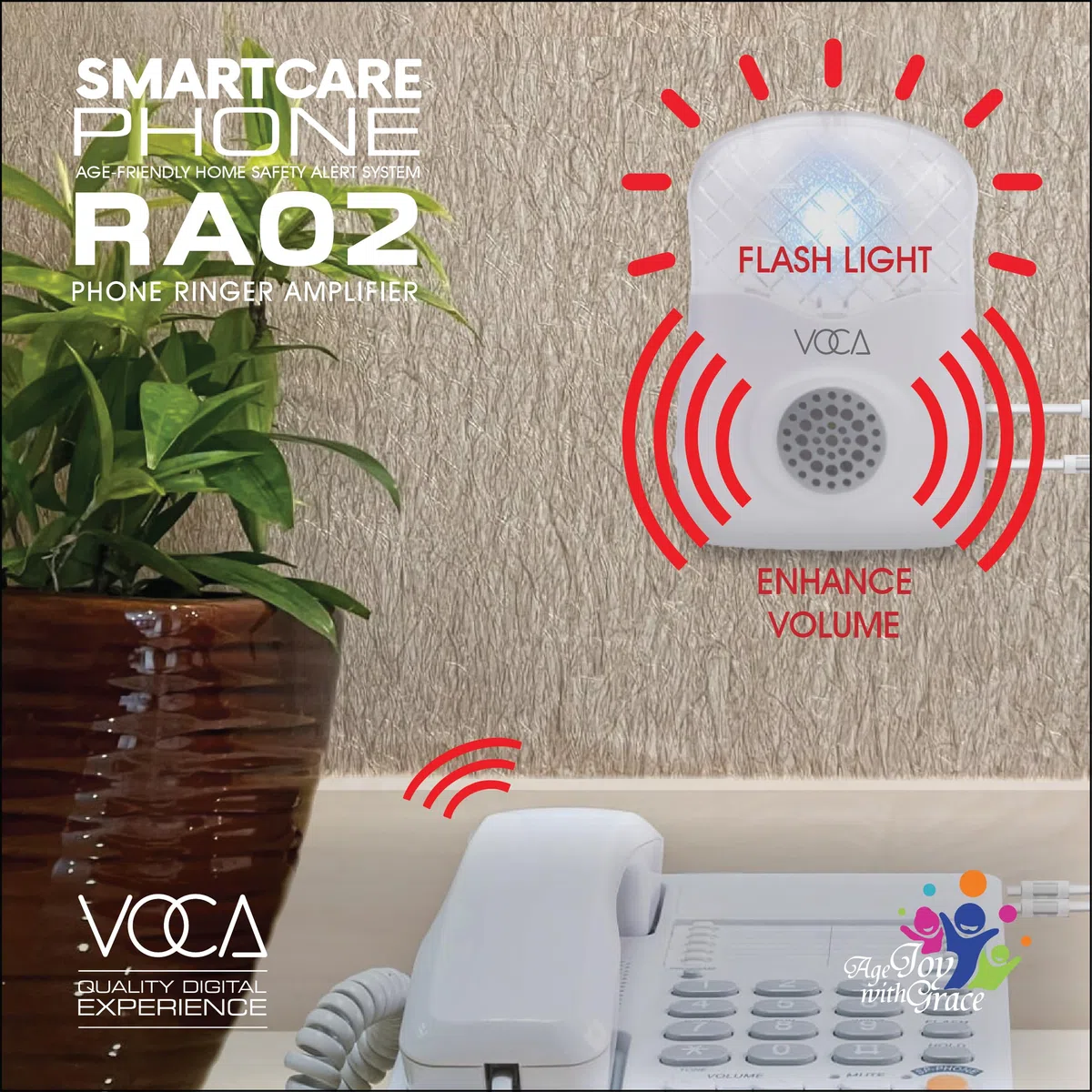 Amplificador de timbre telefónico VOCA: Aumenta hasta 120 dB con potente luz LED estroboscópica de notificación para teléfonos fijos. Se puede montar en la pared. Ideal para entornos ruidosos y con di