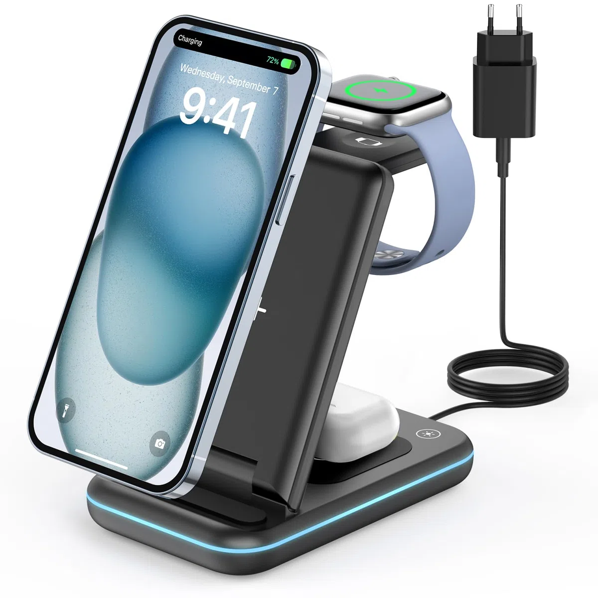 JoyGeek Cargador Inalámbrica, Plegable 3 en 1 Base Cargador para i Phone 17/16/15/14/13/12/Plus/Pro MAX, Estación de Carga para AppleWatch Ultra-2, Rapida Wireless Charger para AirPods 4/Pro/3/2-Negro