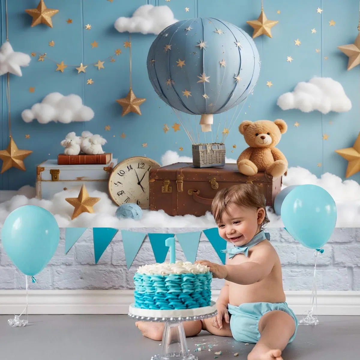 Fondo para Primer Cumpleaños 2.2x1.5m, Oso Azul con Globo Aerostático - Fotografía para Niño de 1 Año Baby Shower Fiesta Decor Banner Accesorios de Estudio
