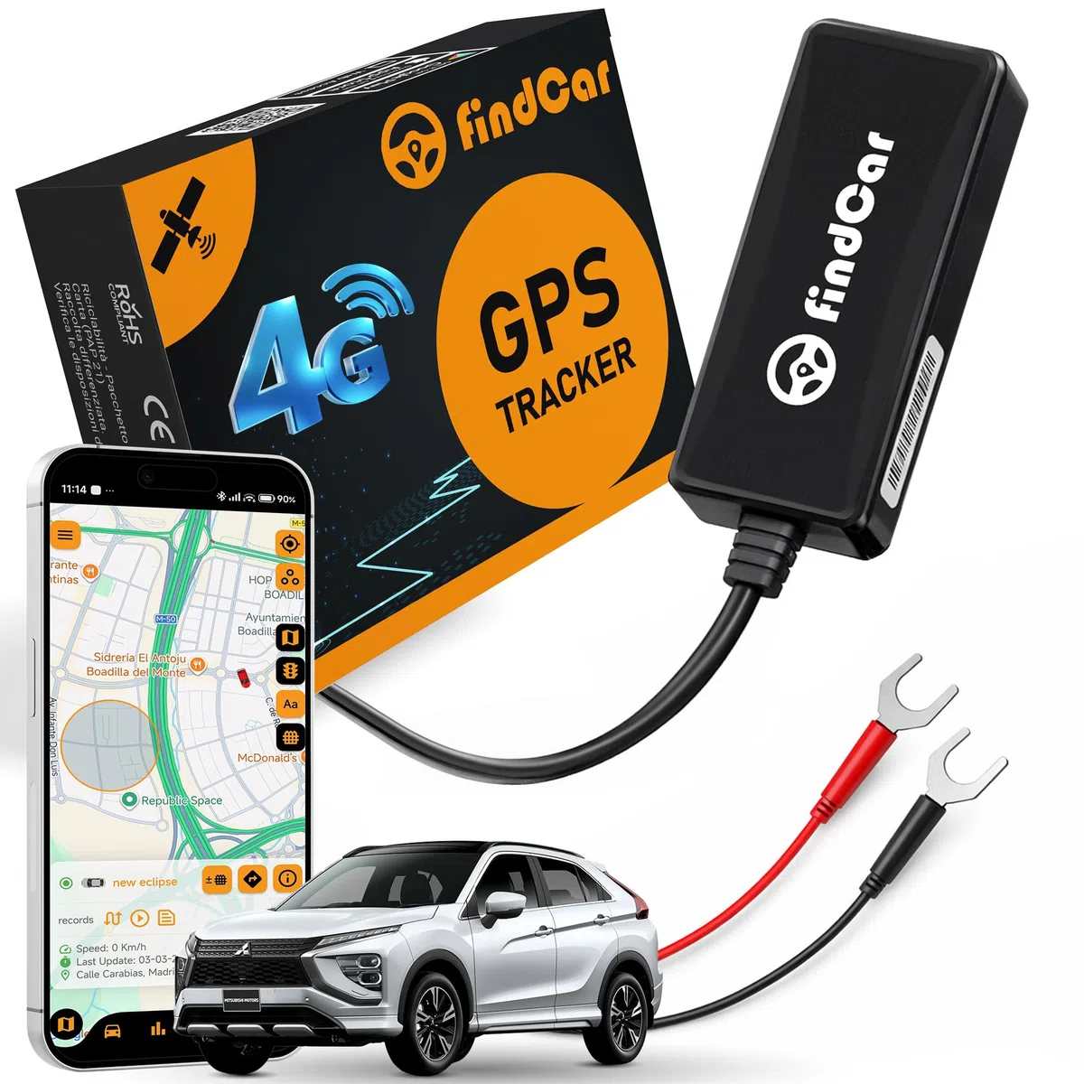 Localizador GPS 4G para Coche Moto y Camión con Conexión Directa a la Batería y SIM Integrada, Rastreador con App, Alerta Antirrobo, Exceso Velocidad y Geovalla, Suscripción Flexible