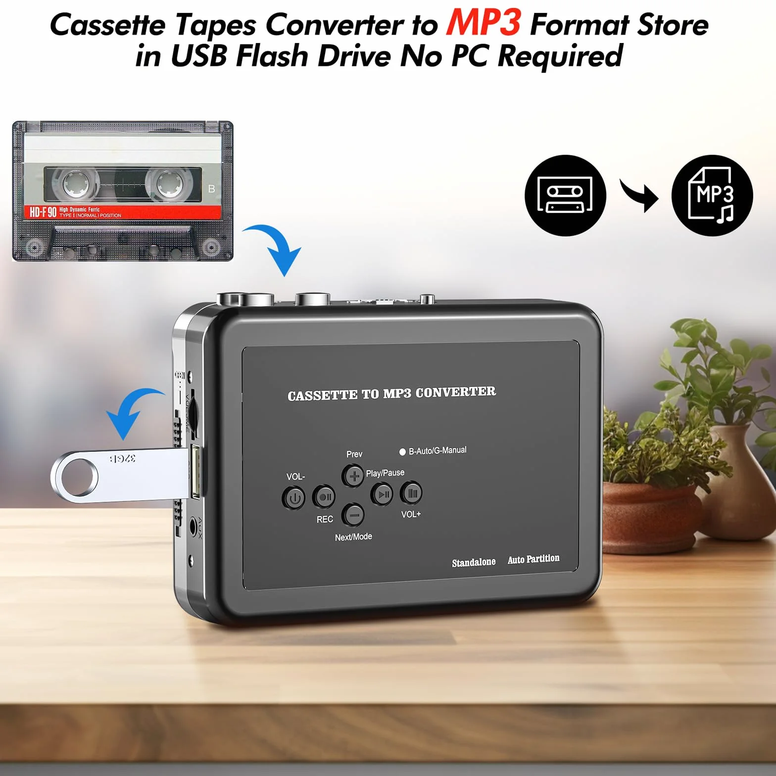 Reproductor de casete USB, convertidor de cinta a MP3, reproductor de música de casete portátil, convertidor de casete a MP3, con auriculares, no requiere PC, BR608