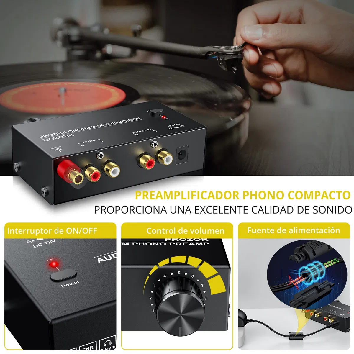 Preamplificador de Fono MM RIAA Preamp Tocadiscos Preamplificador de Microfono con Controles de Nivel Conector de Entrada y Salida RCA con Adaptador de Corriente 12V Preamplificador Estereo HiFi