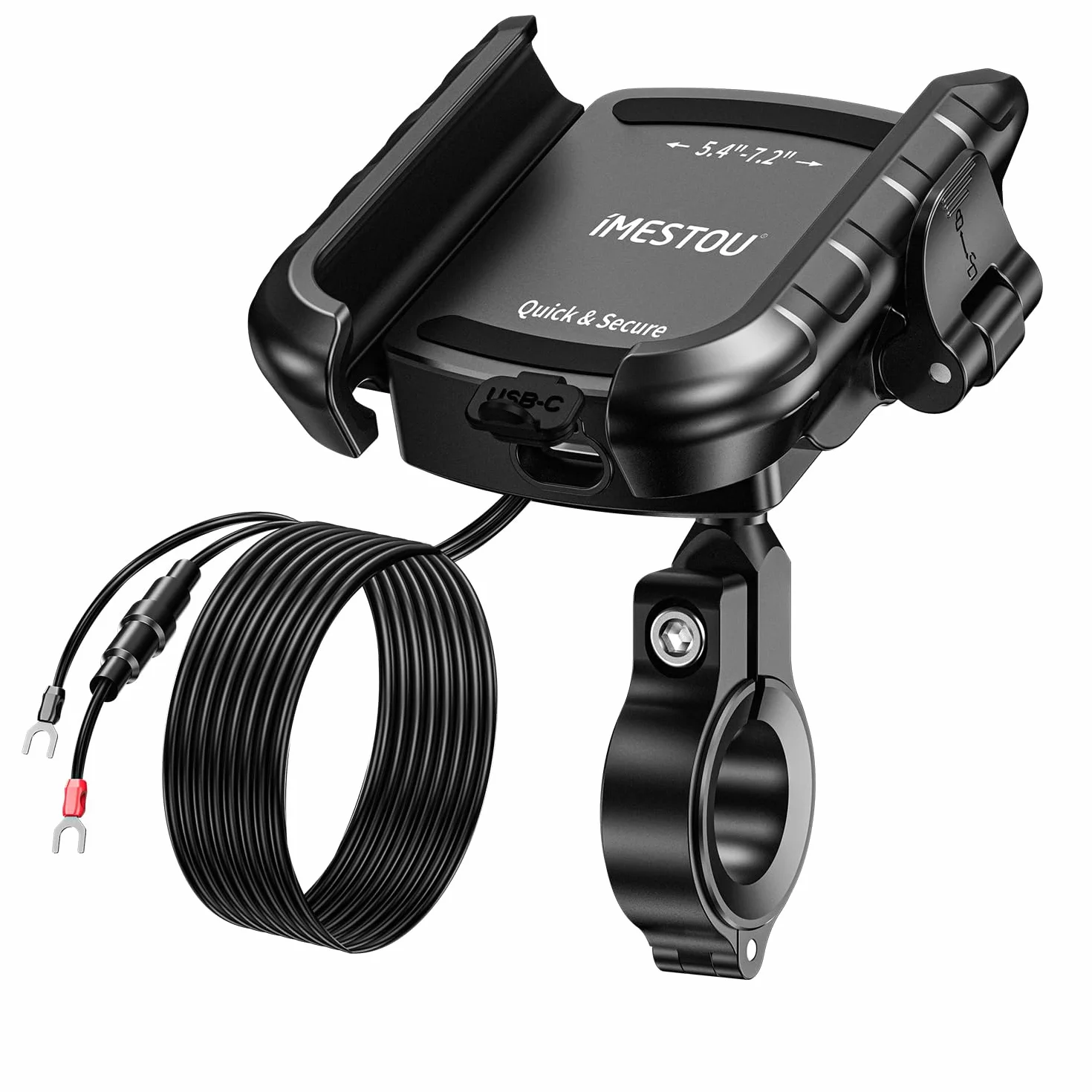 iMESTOU Aluminio Soporte Móvil Moto con USB Cargador, Carga Rápida Soporte Movil USB C para Moto, Compatible con Teléfonos de 5.4" a 7.2" de Hasta 15 mm de Grosor, se Adapta a Manillares de 12 a 32 mm
