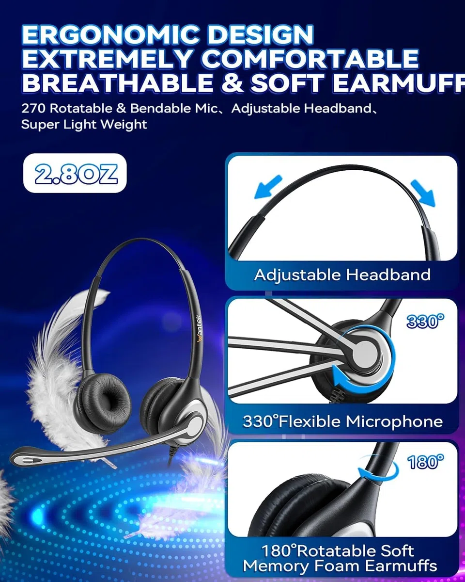 Wantek - Auriculares con micrófono de cancelación de Ruido para teléfono Central de Llamadas con plantronics M10 M12 M22 MX10 amplificadores o Cisco 7942 7971 Binaural F602C1