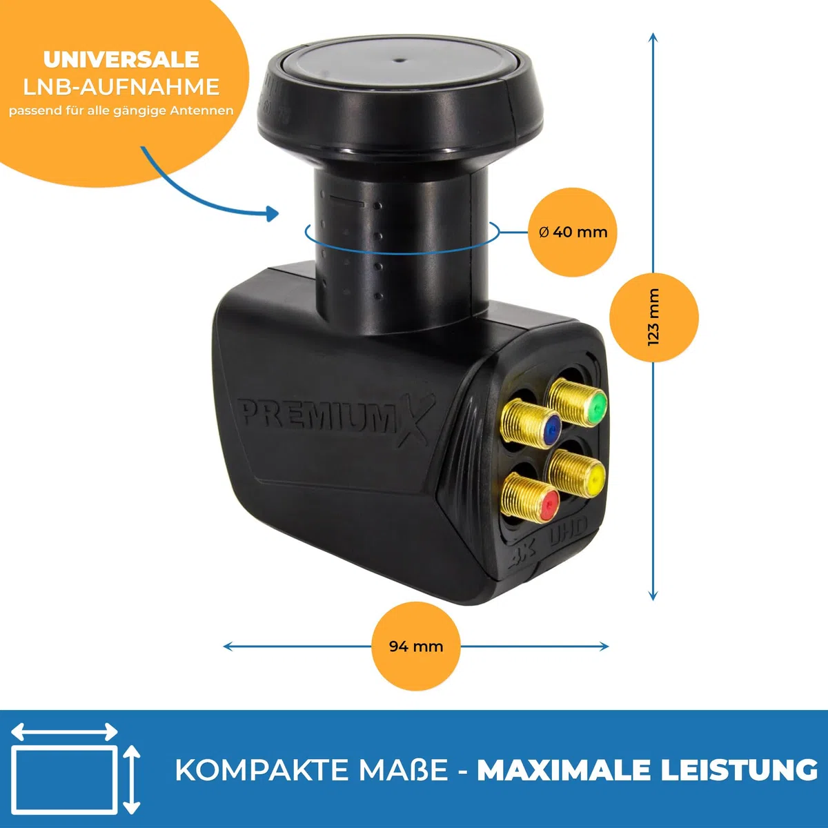PremiumX Quad LNB para 4 usuarios: Convertidor de señal de TV con protección contra el Clima, LNB Satélite Digital en Negro con 8 Conectores F incluidos. Compatible con DVB-S2 8K UHD 4K Full HD