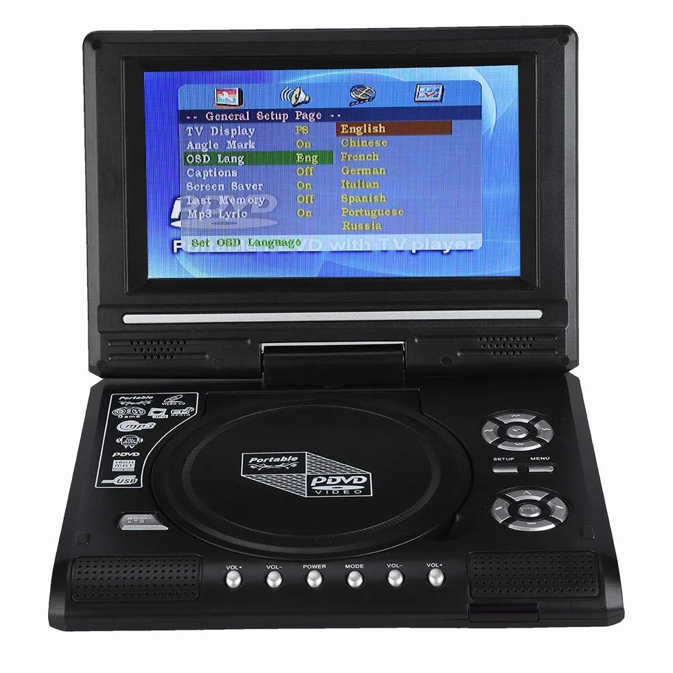 Reproductor de DVD portátil con pantalla giratoria LCD HD de 7 pulgadas, lector de tarjetas incorporado, soporte DVD SVCD VCD CD