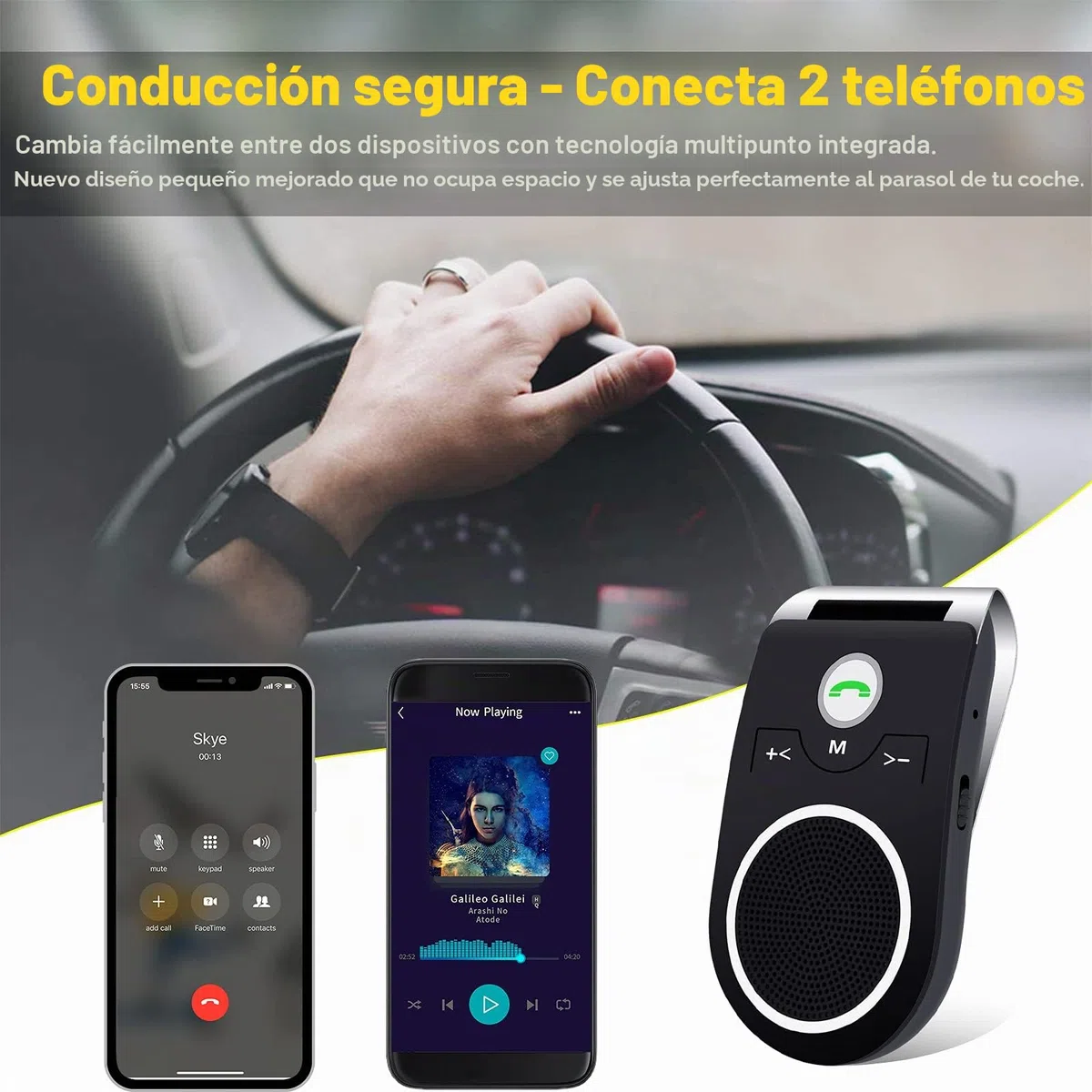 Manos Libres para Coche, Altavoz Bluetooth 5.0 para Automóvil, Altavoz Inalámbrico para el Coche con Cancelación de Ruido para Llamadas, Transmisión de Música y GPS, Compatible con iPhone y Samsung