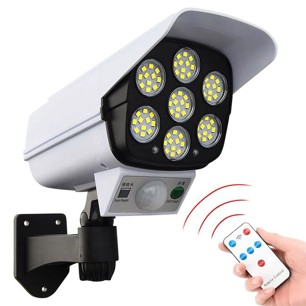 Cámara vigilancia falsa exterior - 80 luces LED - Sensor de Movimiento - Resistente al agua y polvo - Auto Recarga Solar