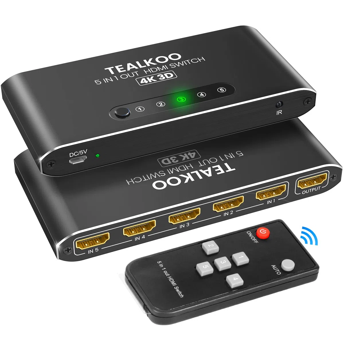 Divisor HDMI 5 en 1 Aluminio Switch Automático con Mando a Distancia - Conmutador 4K 3D HDR Compatible con PS4, Xbox, TV Stick, TV Blu-Ray Player
