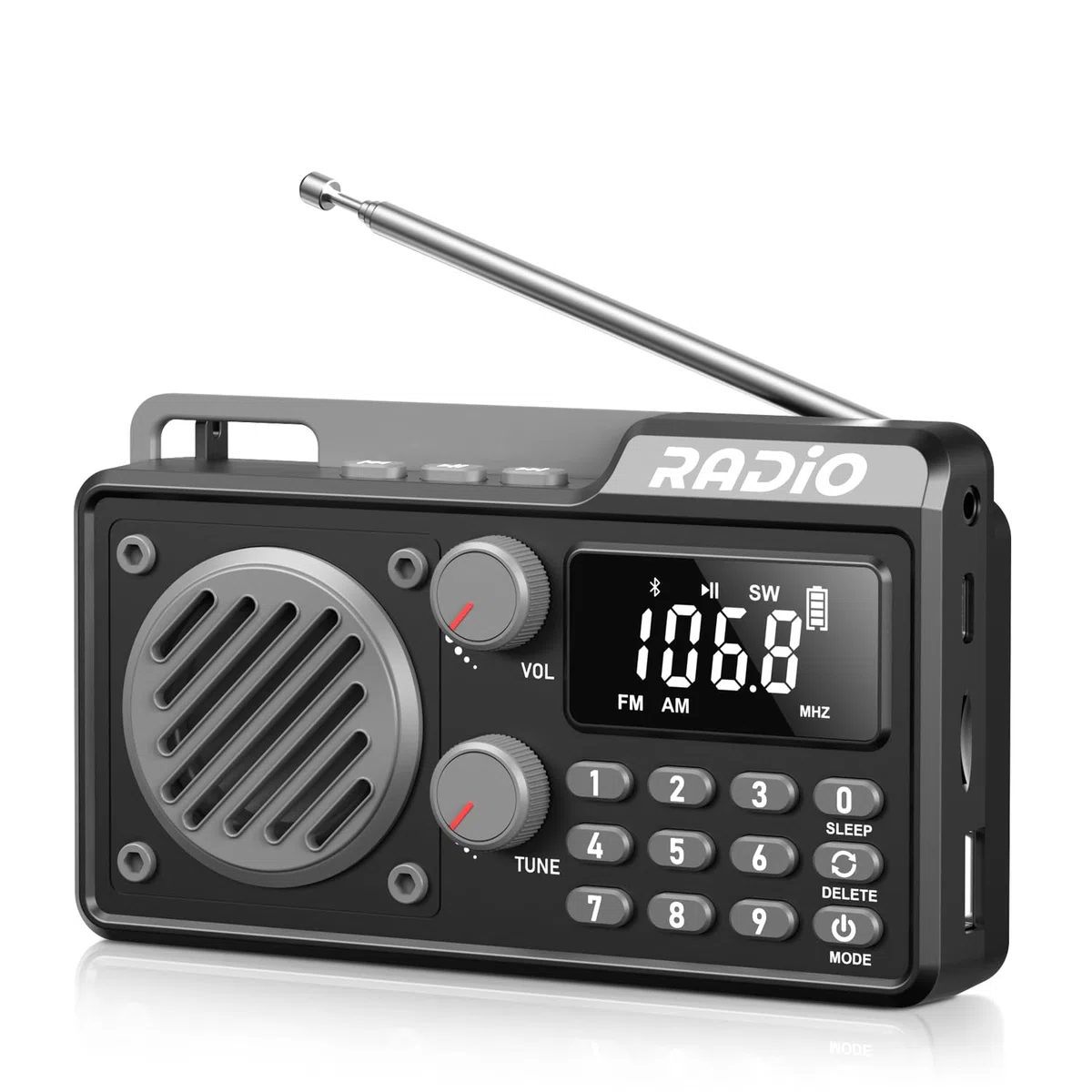 Radio Portátil Am/FM/SW con Bluetooth Pequeña Radio Recargable con Altavoz, Función Temporizadora y Puertos USB/TF/AUX para Cocina, Dormitorio y Exterior