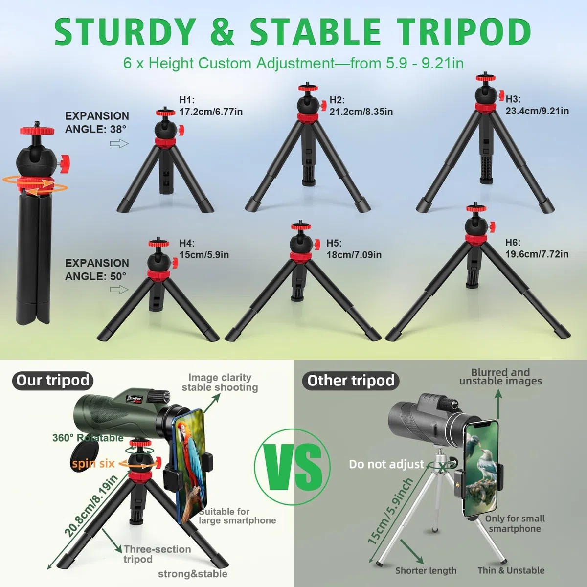 Pankoo Telescopio monocular HD 12 x 60 para adultos | Se entrega con adaptador para smartphone, trípode y correa de muñeca | Ideal para observación de aves, deportes, senderismo, viajes