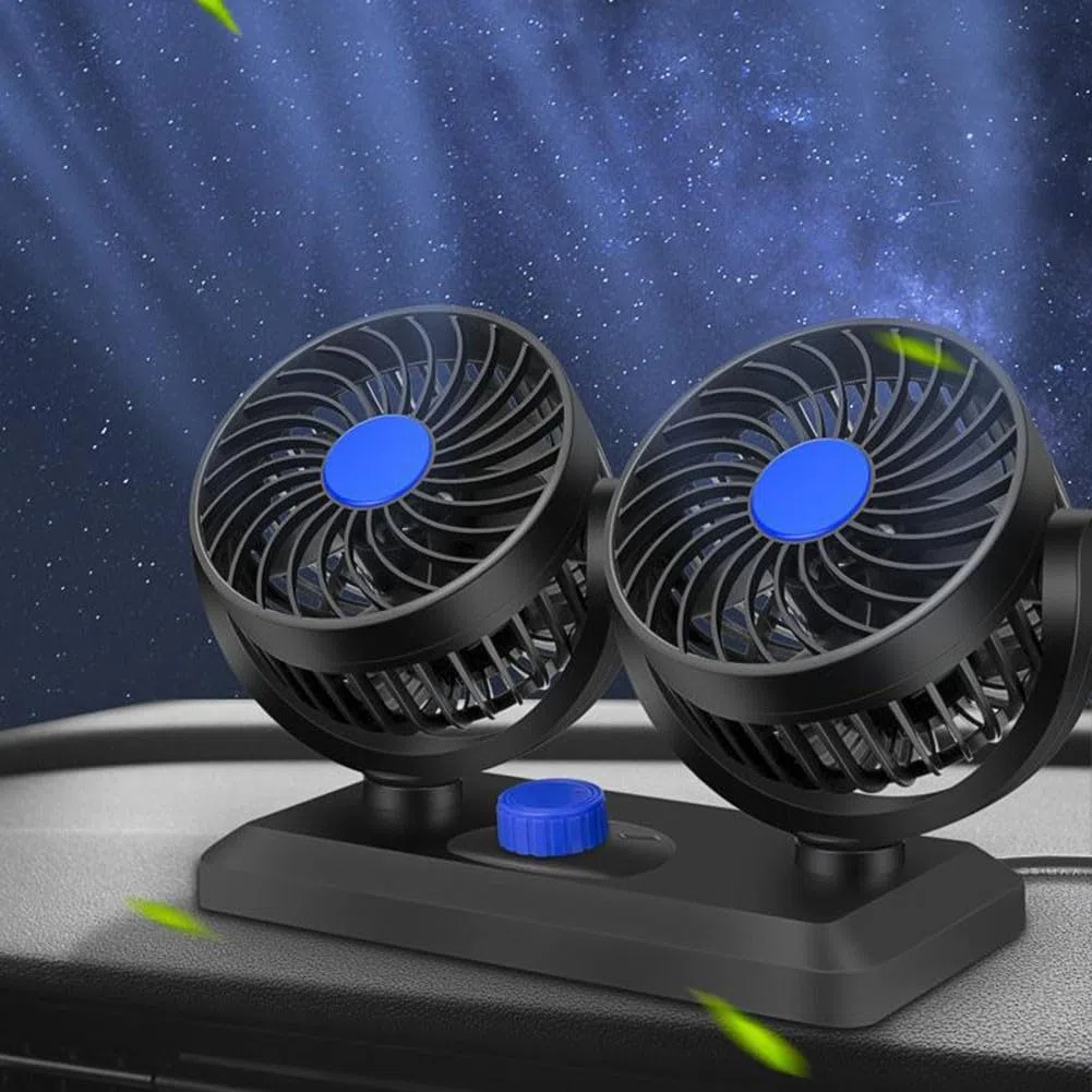 Ventilador de coche de doble cabezal alimentado por USB, compatible con 5 V, 12 V, 24 V, 2 ajustes de velocidad ajustables y cabezales de ventilador giratorios de 360 grados para una refrigeración
