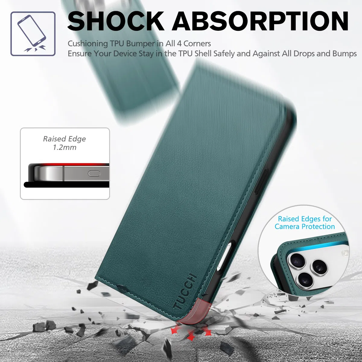TUCCH Funda Piel para iPhone 17 Pro MAX 6,9-Pulgadas 5G 2025 [Bloqueo RFID] | Funda TPU A Prueba de Golpes Ranuras Tarjetas, Función Soporte Carcasa Case Protección Completa, Verde Pino Texturizado
