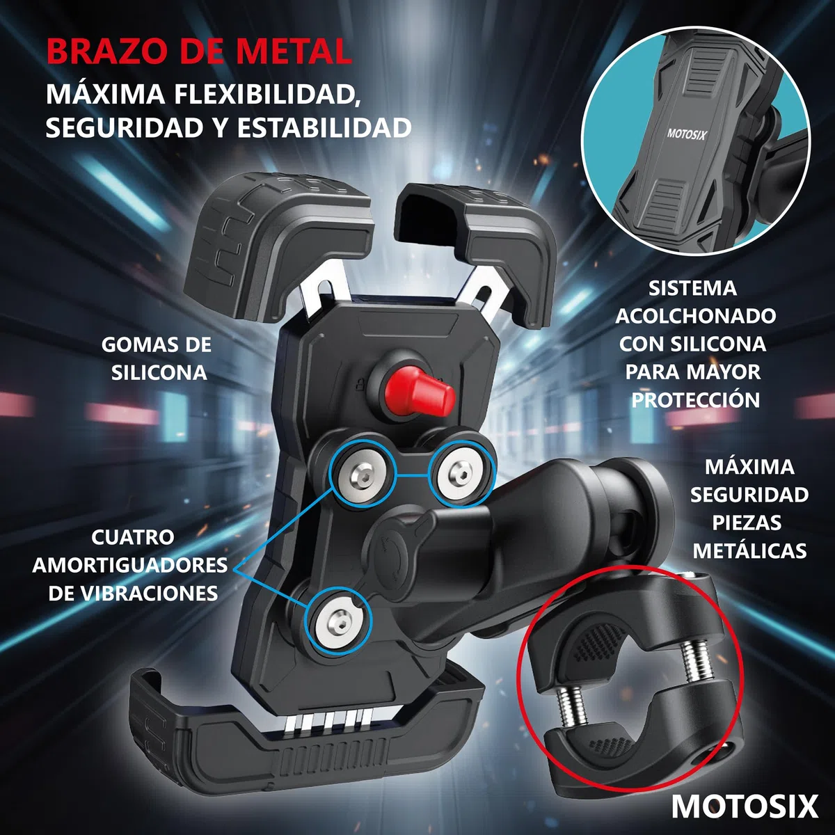 Soporte Móvil Moto Antivibración,ANTIRROBO, Brazo Metálico Extensible 360º.Soporte Móvil Bicicleta Bici Patinete electrico, Motocicleta. Teléfonos de 4,7-7,2'' Todo Tipo de Manillar