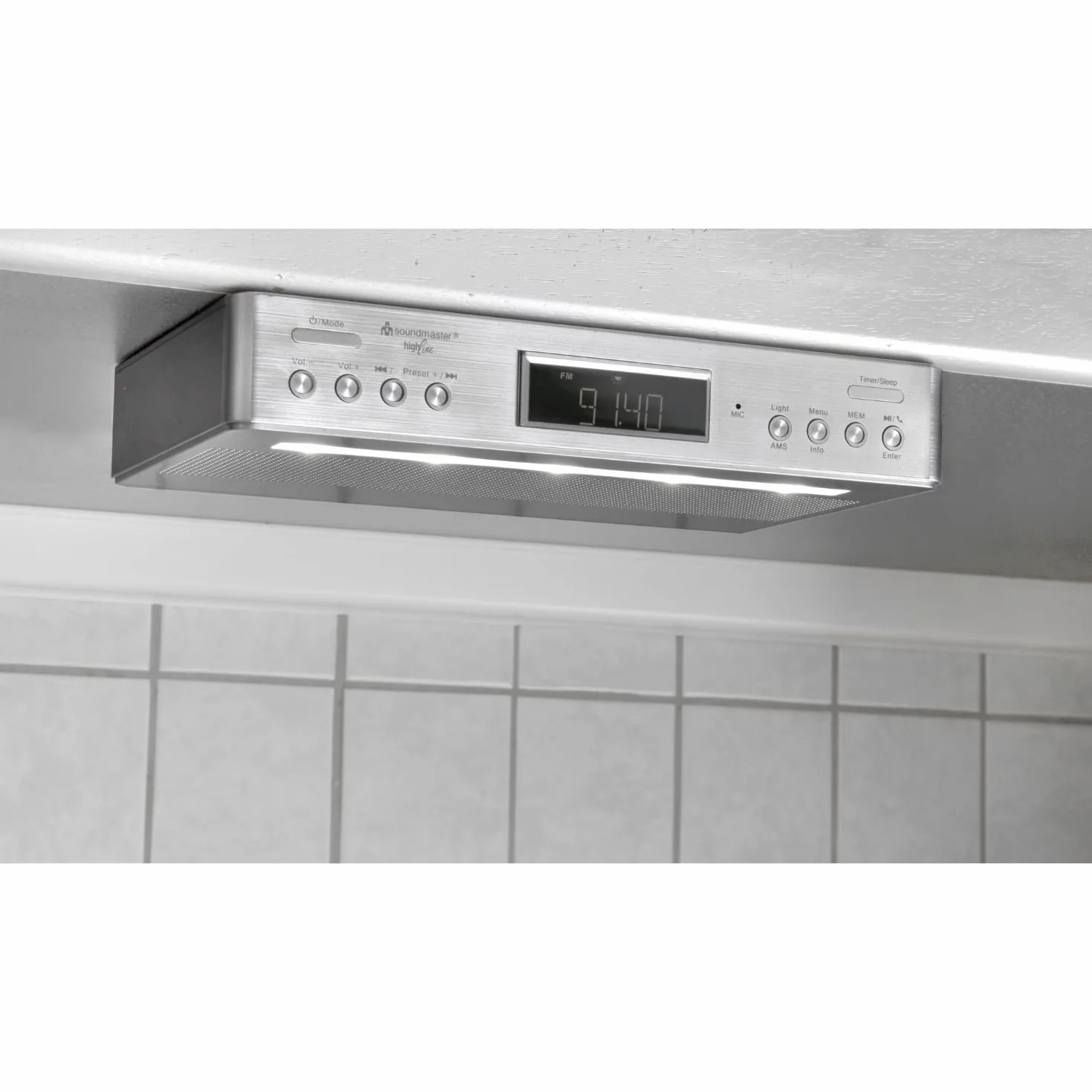 Soundmaster UR2045 Under Cabinet Kitchen Radio Bluetooth FM DAB DAB+ LED Lighting Dual Alarm Cooking Timer Silver