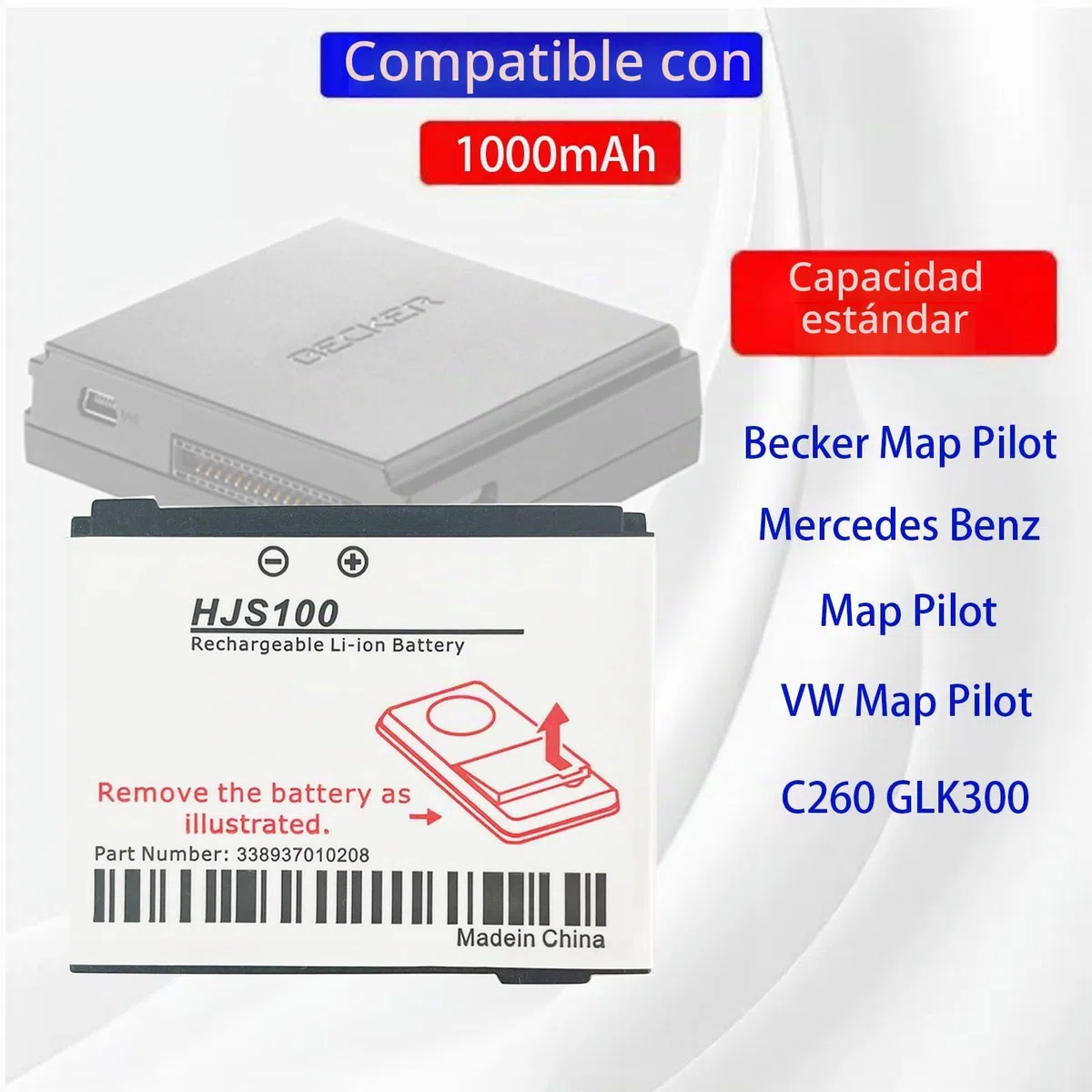 HJS-100 batería de repuesto HJS100 Compatible con Becker HJS100, HJS-100, Map Pilot, Mercedes Benz Map Pilot, VW Map Pilot, Reemplaza Becker 338937010208 Mercedes Benz Map Pilot, C260 GLK300