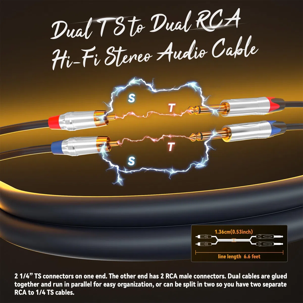Tisino Cable RCA a Jack 6.5, 2RCA a 2x 6,35 mm Cable de Audio estéreo Cable Para Receptor AV, Amplificador, Sistema de Audio Estéreo HiFi- 23M