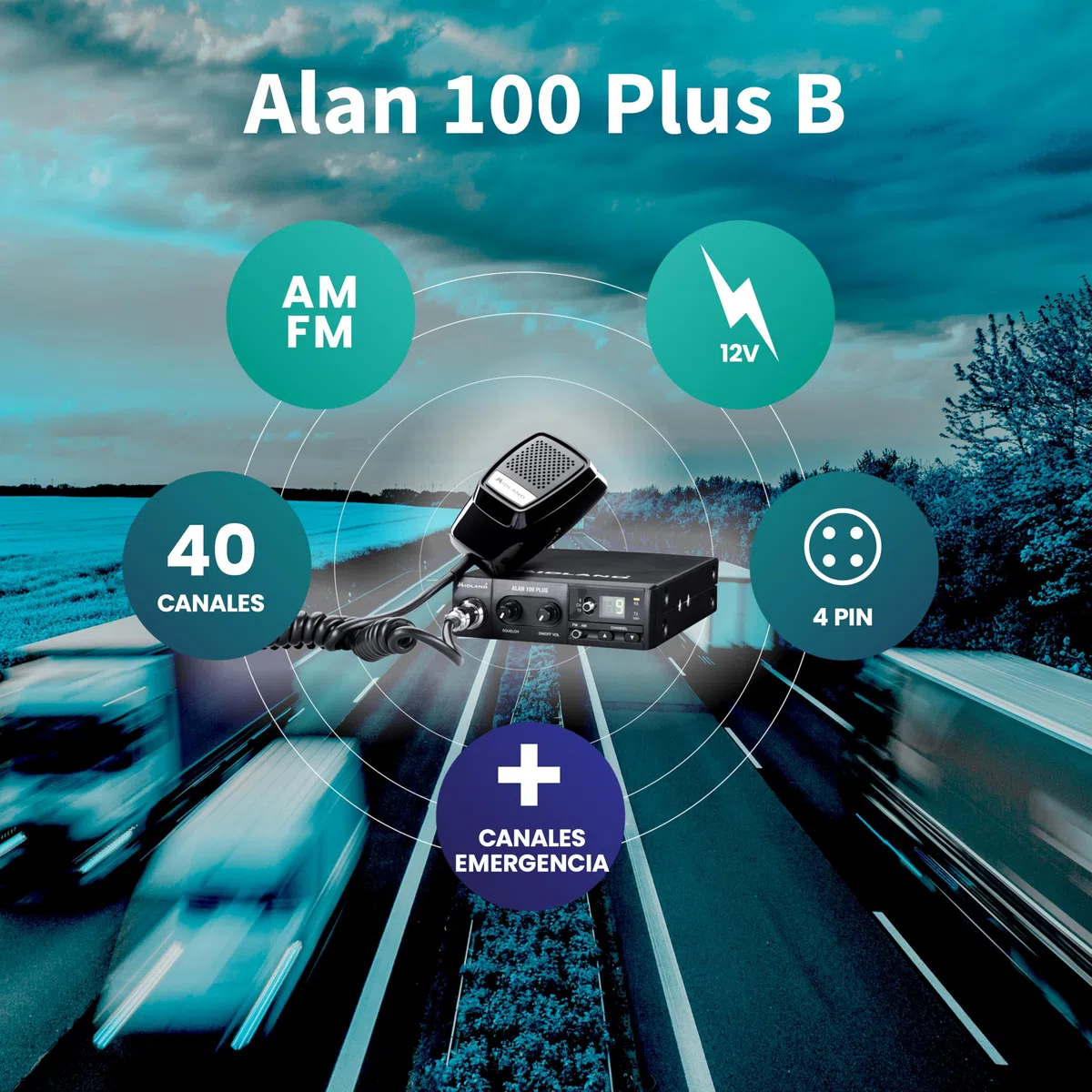 Midland Alan 100 Plus B C442.12 - Radio CB de Coche, 40 Canales Am/FM para Camiones y Caravanas, Emisora con Micrófono de 4 Pines, Pantalla de Canales, Squelch y Botones Up-Down, Negra