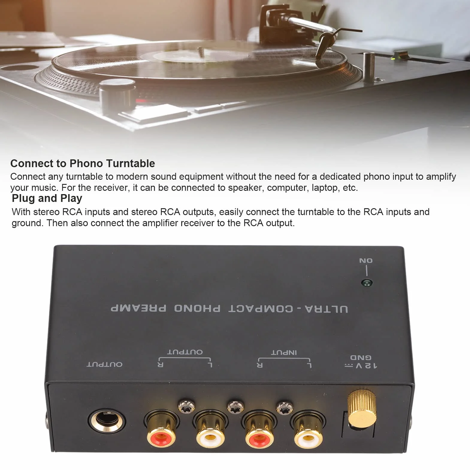 Preamplificador de Tocadiscos Phono con Adaptador de Corriente de 12 V CC y Ganancia Dual, Operación de bajo Ruido, Alta Sensibilidad para Tocadiscos, Plug and Play (Enchufe de