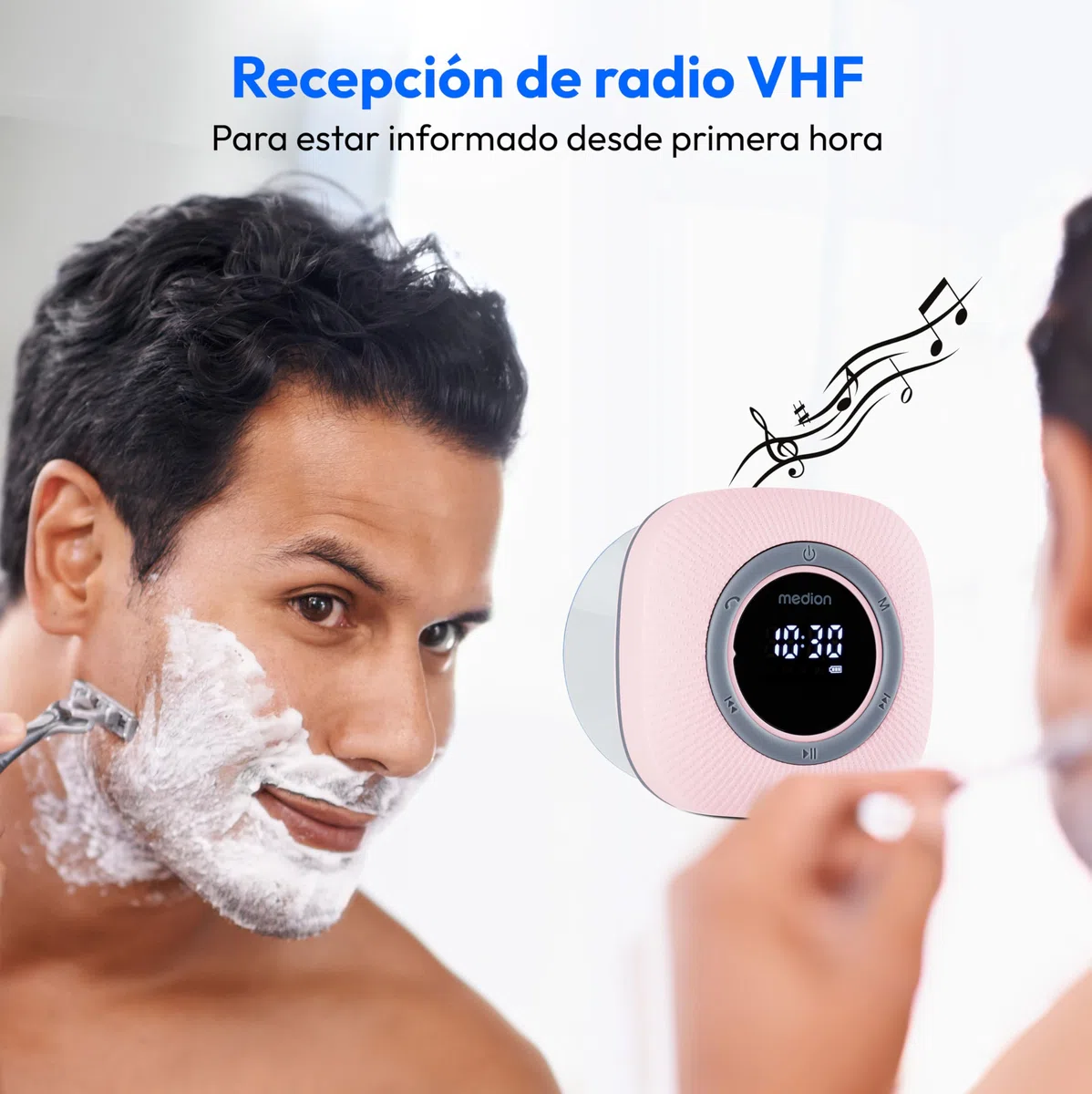 MEDION P66096 Radio de Ducha con Bluetooth (Radio de baño, Radio FM, Ventosa, Pantalla LED, Impermeable IPX6, batería Recargable integrada, MD43884) Rosa
