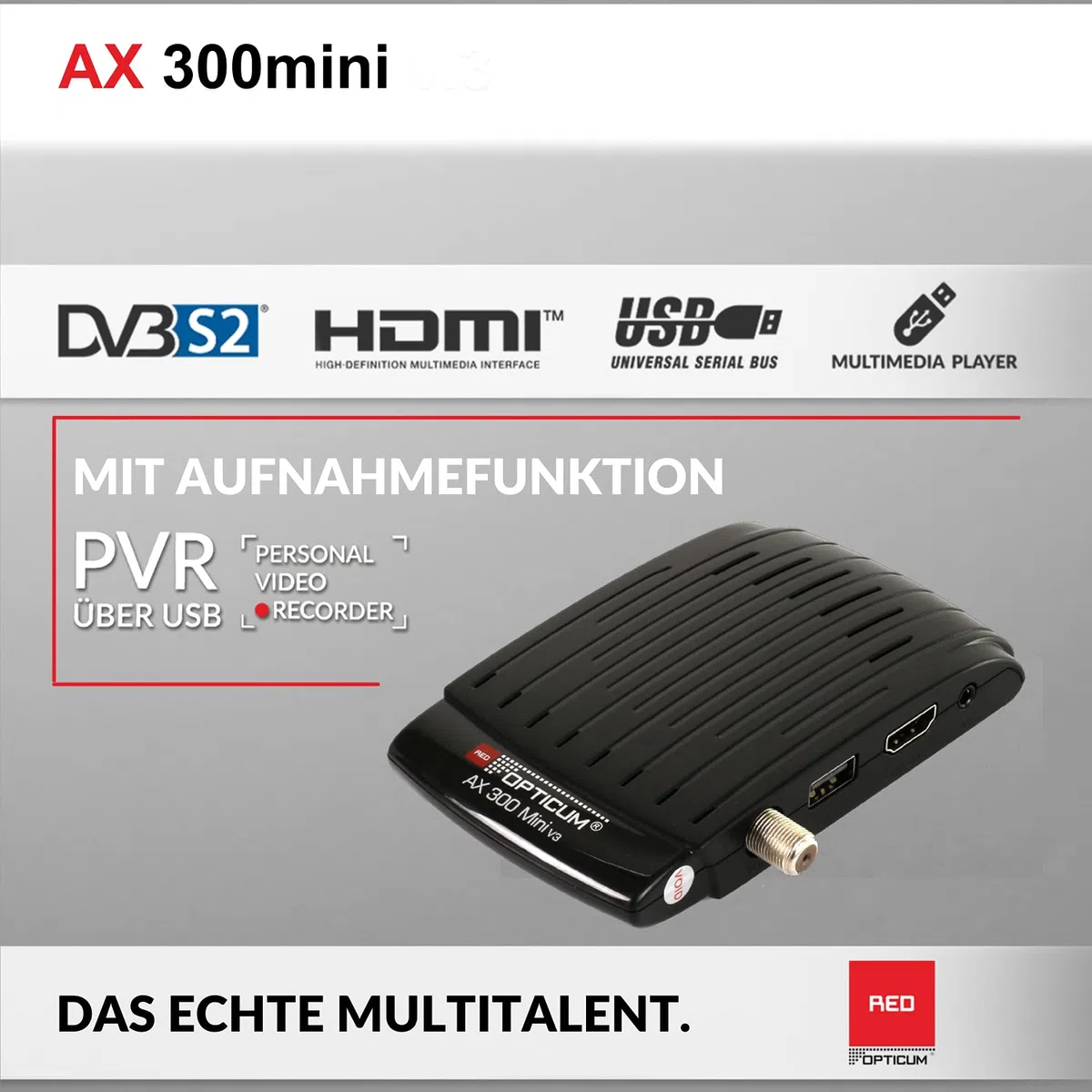 Red Opticum AX 300 Mini V3 con función de grabación PVR - Receptor de satélite Digital HD/Sensor de Infrarrojos Externo con Pantalla Full HD 1080p / Fuente de alimentación/USB/HDMI / 12V