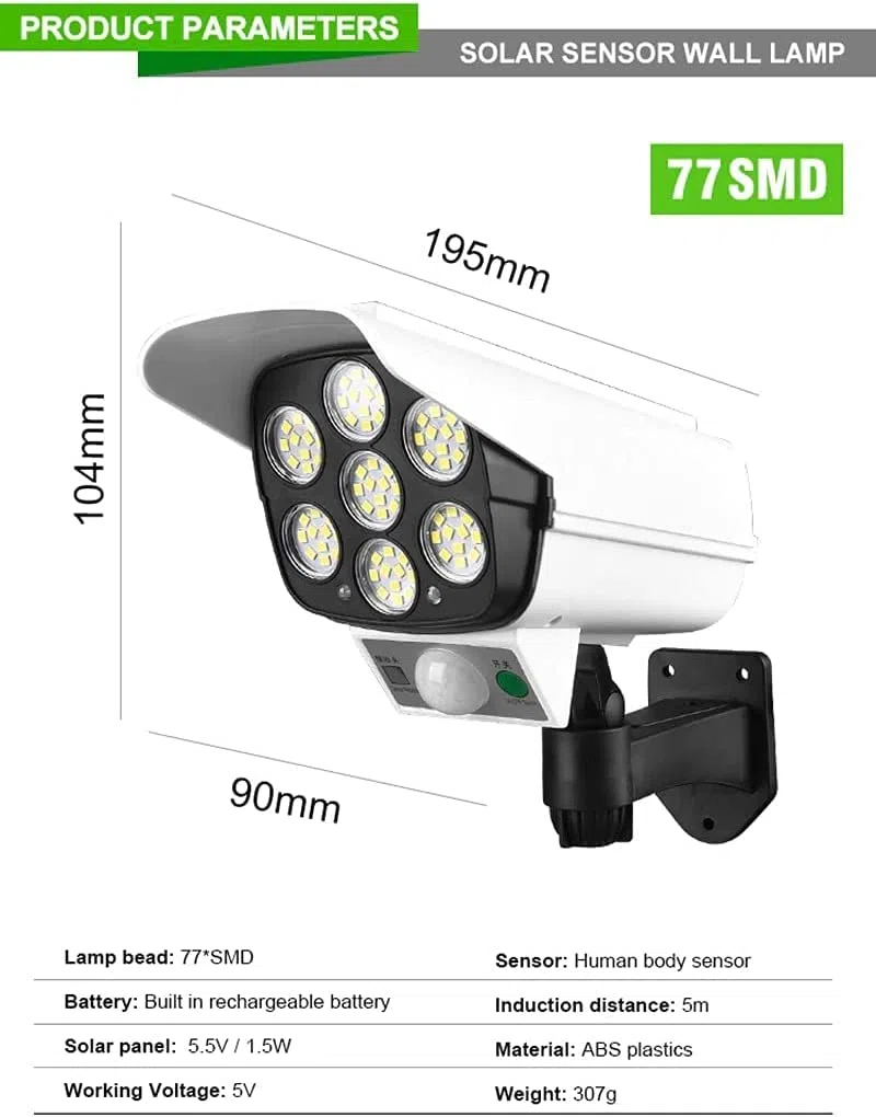 Cámara vigilancia falsa exterior - 80 luces LED - Sensor de Movimiento - Resistente al agua y polvo - Auto Recarga Solar
