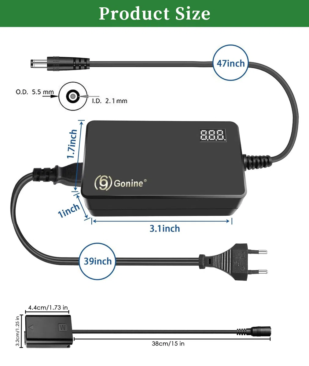 AC-PW20 Adaptador de Corriente con Pantalla LCD NP-FW50 Kit de acoplador de CC de batería simulada para Sony Alpha A6000 A6100 A6300 A6400 A5100 A7 A7RII A7S ZV-E10 RX10II III IV NEX3 / 5/6/7