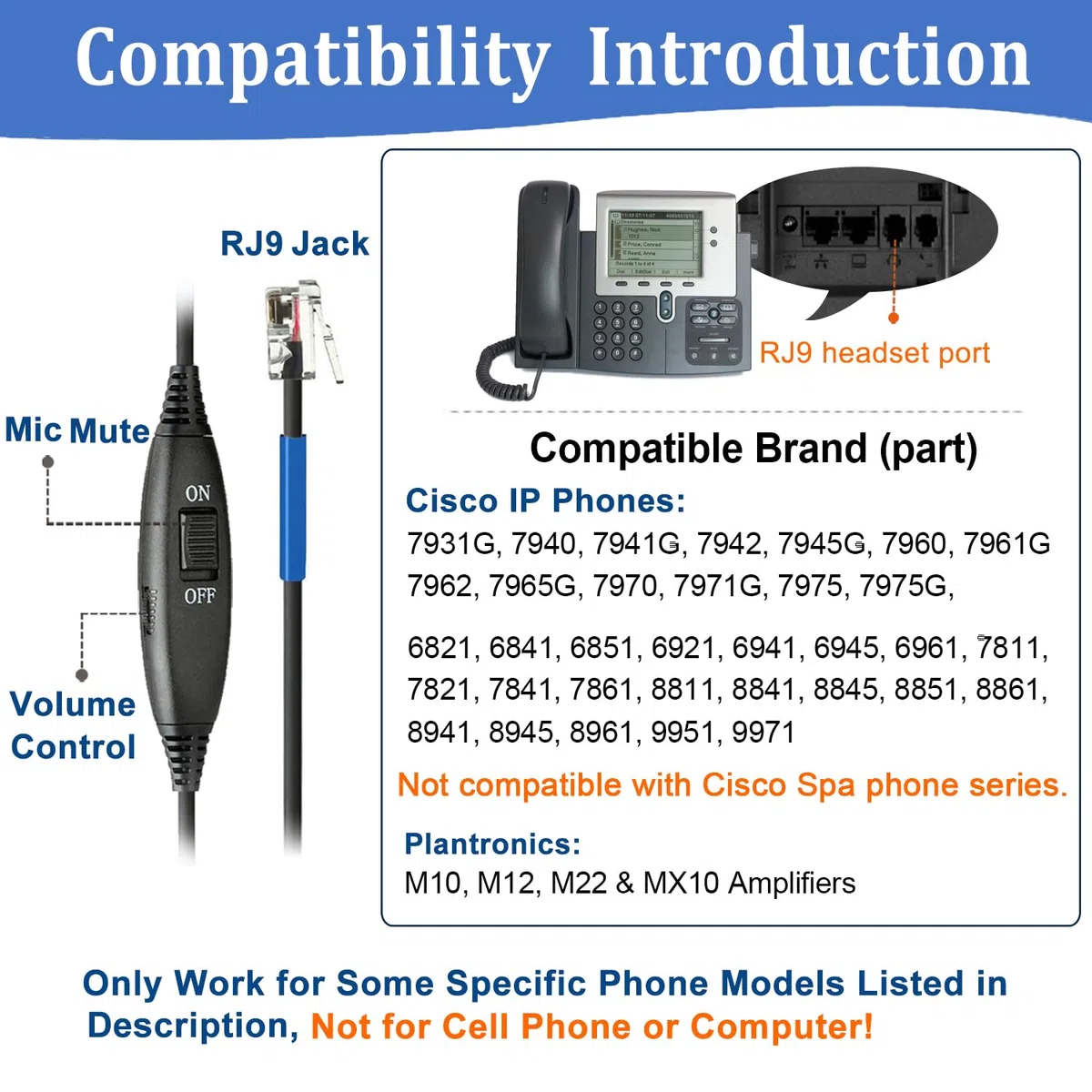 Auriculares Teléfono Fijo RJ9, Micrófono con Cancelación de Ruido, Cascos Binaurales para Cisco 7821 7975G 7811 7942G 8841 8851 9971 Teléfonos IP Oficina Call Center, Plantronics M12 M22 Amplificador