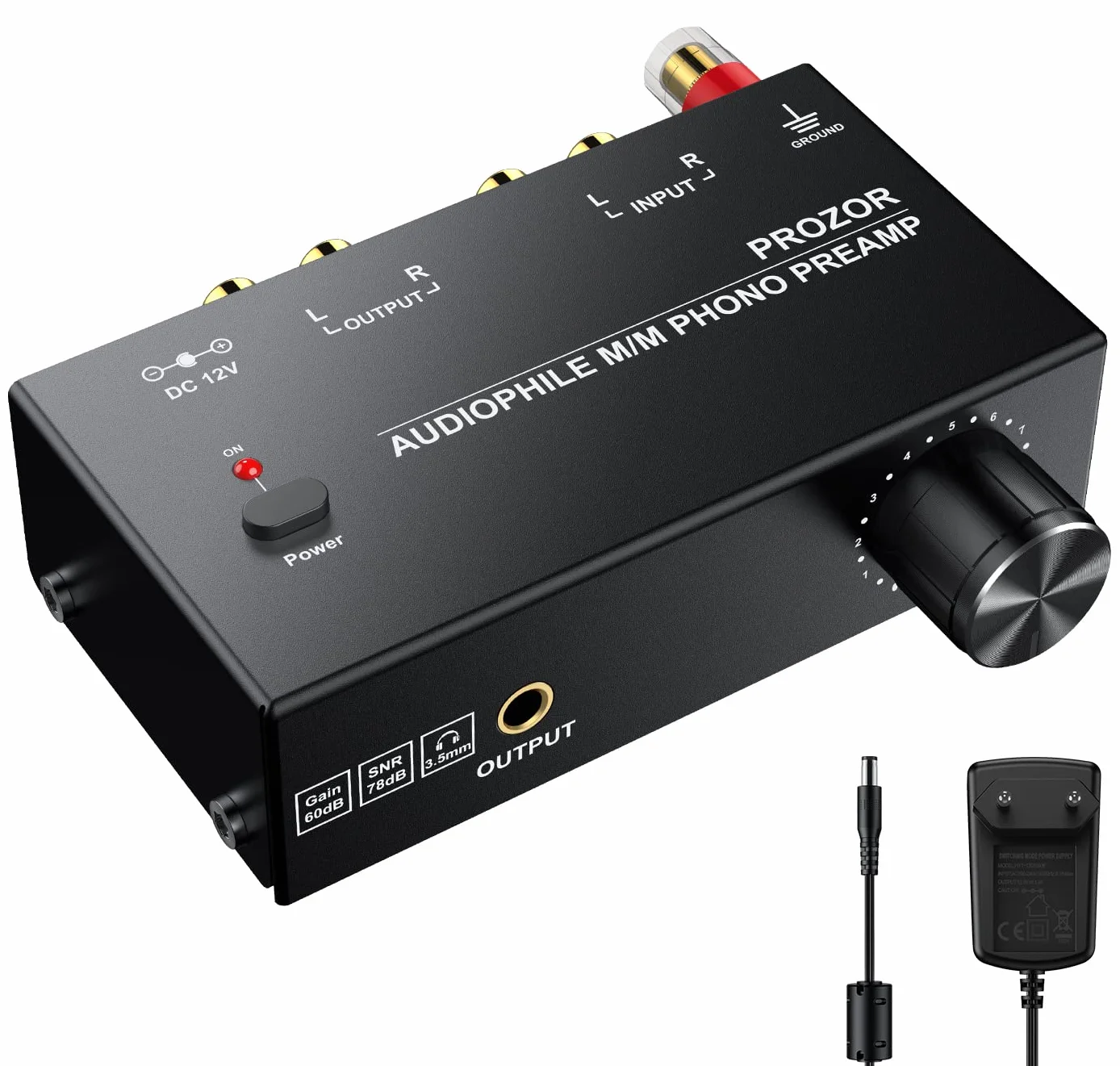 Preamplificador de Fono MM RIAA Preamp Tocadiscos Preamplificador de Microfono con Controles de Nivel Conector de Entrada y Salida RCA con Adaptador de Corriente 12V Preamplificador Estereo HiFi