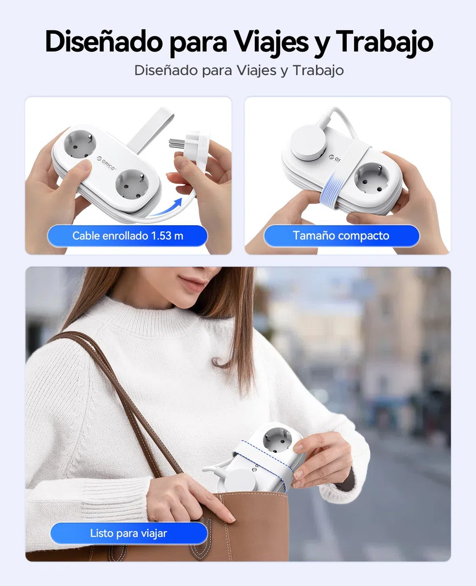 Regleta ORICO con USB C PD 20W, 2 Tomas de Corriente de Viaje y 3 Puertos de Carga USB (1 USB C) Compatible con Teléfono, con Cable de 1,5m para Home Office en el Barco (AP3-Negro)