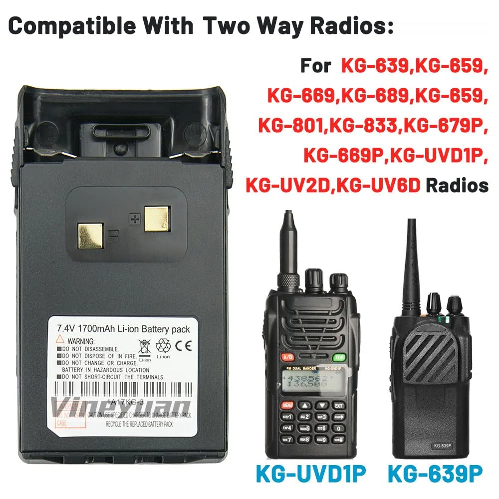 7.4V 1700mAh 1A17KG-3 Batería para WouXun KG-UVD1P KG-UV6D KG-659 KG-699 KG-689 Batería de Iones de Litio rápida de Radio bidireccional con Clip para cinturón