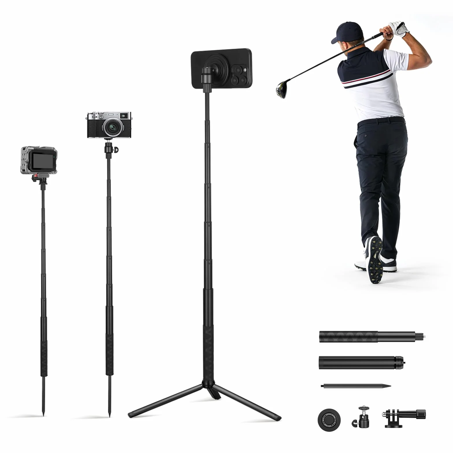 CAMOLOGEEK - Monopod y trípode selfie Stick para grabar swing de golf, ayuda de entrenamiento con estaca de tierra y adaptador para GoPro y tornillo de 1/4 pulgadas, soporte magnético para teléfono de