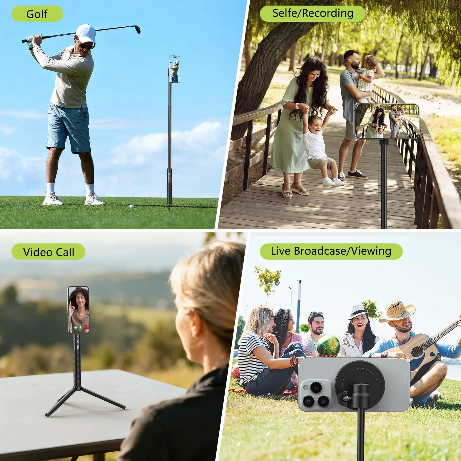 CAMOLOGEEK - Monopod y trípode selfie Stick para grabar swing de golf, ayuda de entrenamiento con estaca de tierra y adaptador para GoPro y tornillo de 1/4 pulgadas, soporte magnético para teléfono de