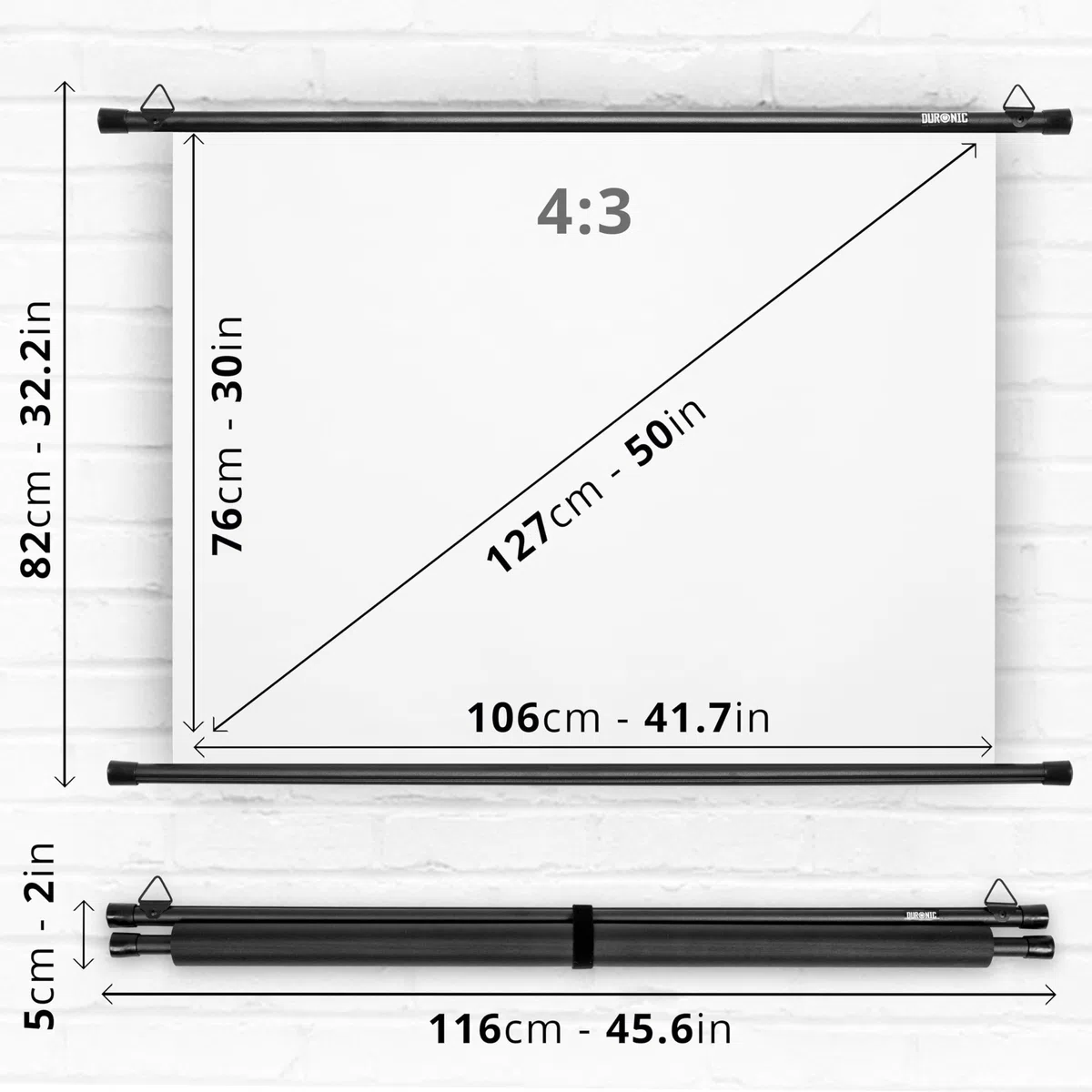 Duronic BPS50 43 Pantalla para proyector de 50” 111x62 cm | Formato 4:3 | Instalación con Ganchos | Pantalla Tensionada Antiarrugas |Calidad Full HD y 3D | Montaje en Pared Pantalla para proyector