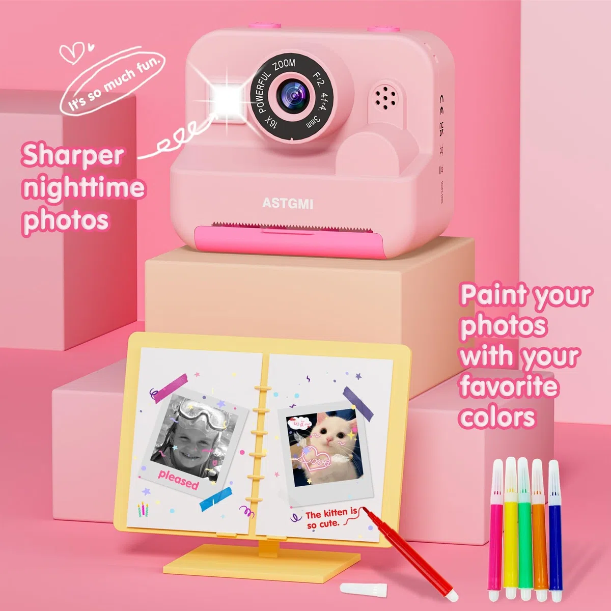 Camara Fotos Infantil instantaneas,Selfi Camara instanea,1080P 2,4''HD Video Camara Fotos Infantil para niños con Tarjeta SD de 32GB,Regalos de Juguete para niñas de 3 a 12 años Cumpleaños Navidad