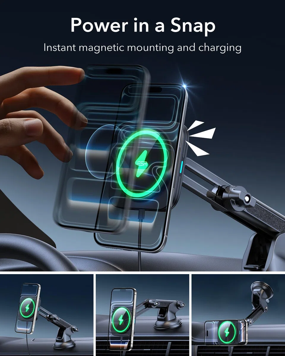 ESR HaloLock Cargador Inalámbrico Magnético para Salpicadero, Carga Rápida, Soporte Movil Coche Salpicadero Compatible con MagSafe, Compatible Serie iPhone 17/17e/16/15/14/13/12, S26/S25, Negro