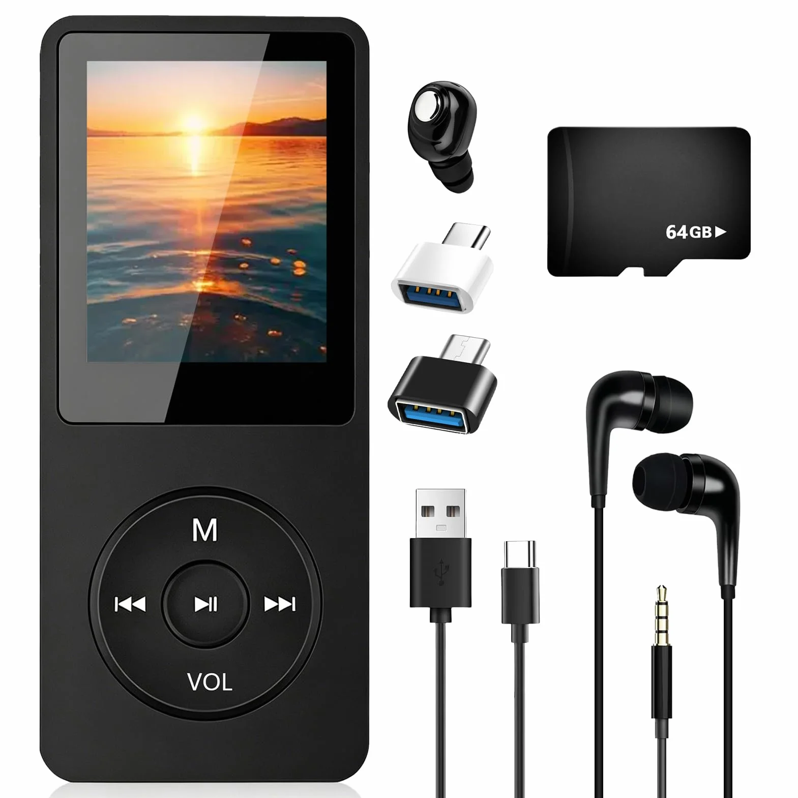 Reproductor MP3 Bluetooth 5.3 64GB con Pantalla TFT 1,8” a Color, MP3 Player con Altavoz Integrado, Radio FM, Grabadora y Podómetro, Reproductor MP3 para Niños, Admite microSD 128GB