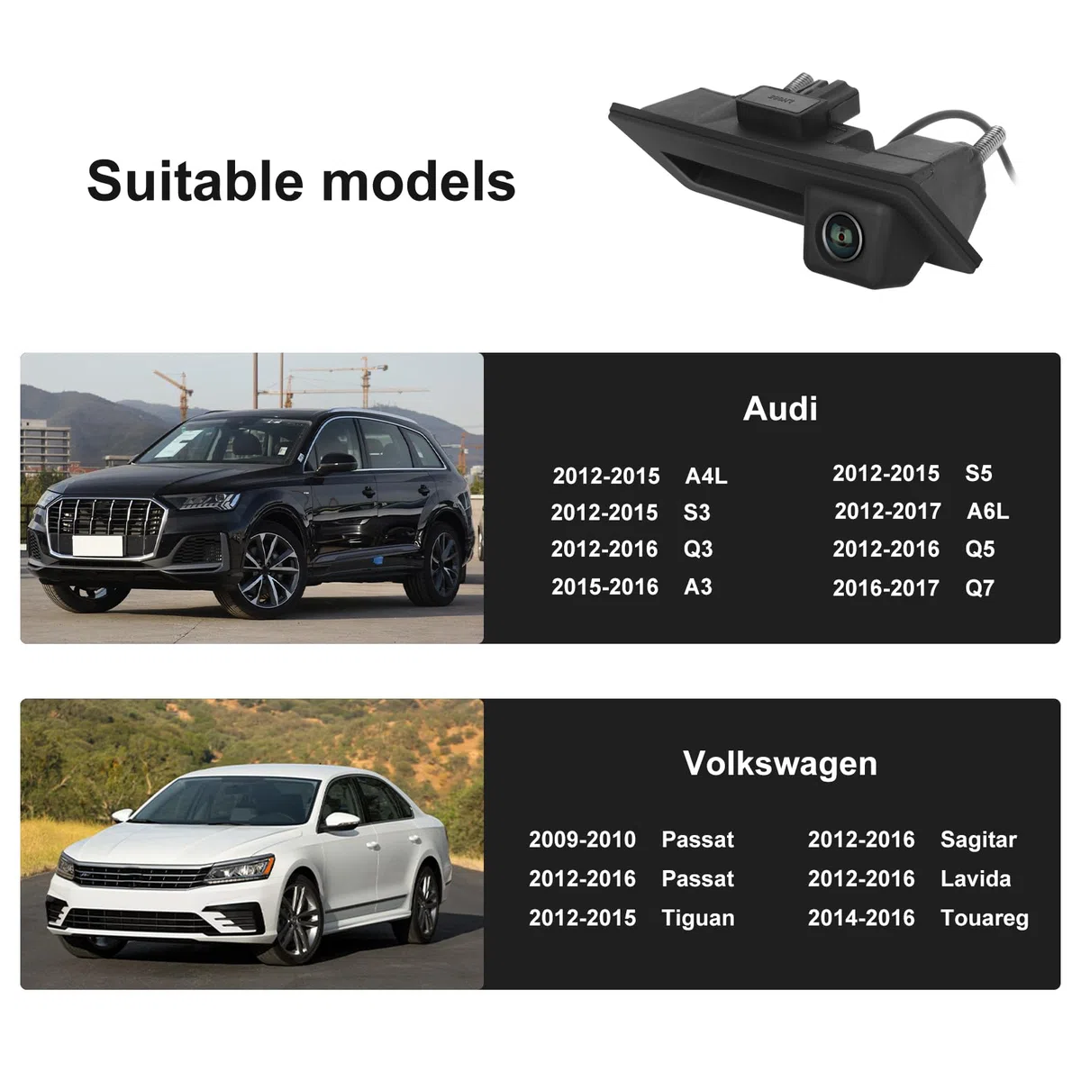 CAMECHO Cámara Trasera HD 1280 * 720P para Audi A4L A3 Q3 Q5 y VW Volkswagen Passat Tiguan Touareg, cámara de 170 Grados IP67 Resistente al Agua, visión Nocturna, AHD y CVBS