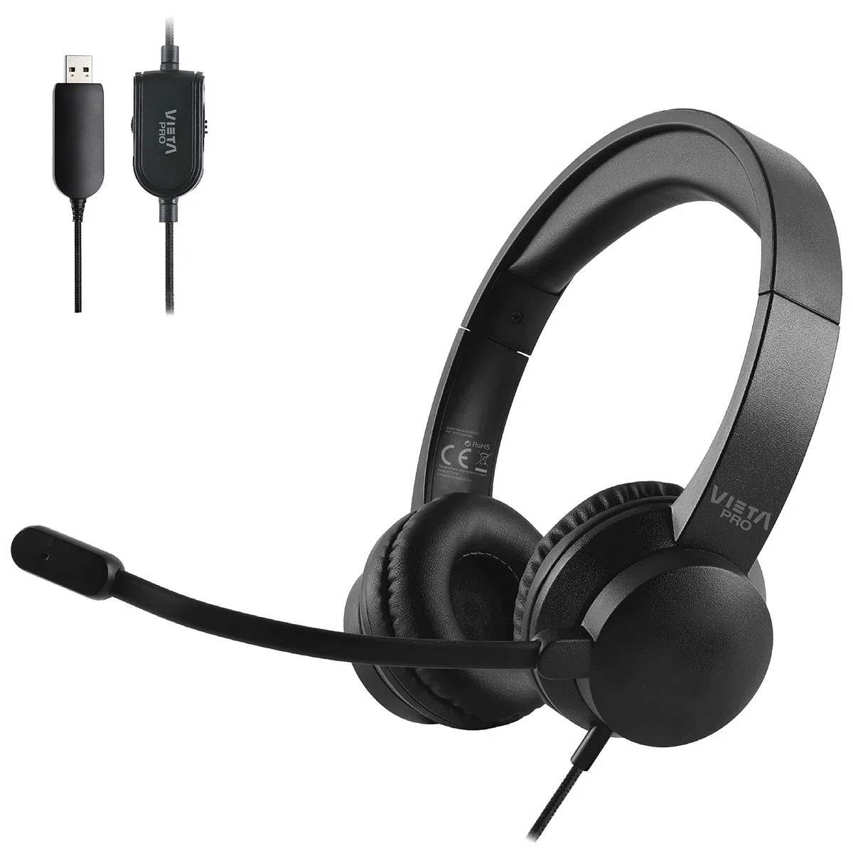 Vieta Pro Auriculares de Diadema Workey | Cascos con Micrófono y Cable USB con Botón para Control de Sonido | Accesorio Compatible con PC, Chromebook, Tablet, Oficina y Videollamadas