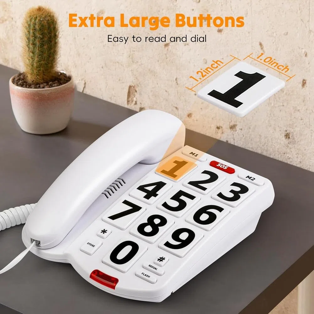 Teléfono de Botón Grande para Personas Mayores, Teléfono Fijo Residencial, Teléfono de Ayuda con una Tecla para Personas con Discapacidad Visual y Auditiva