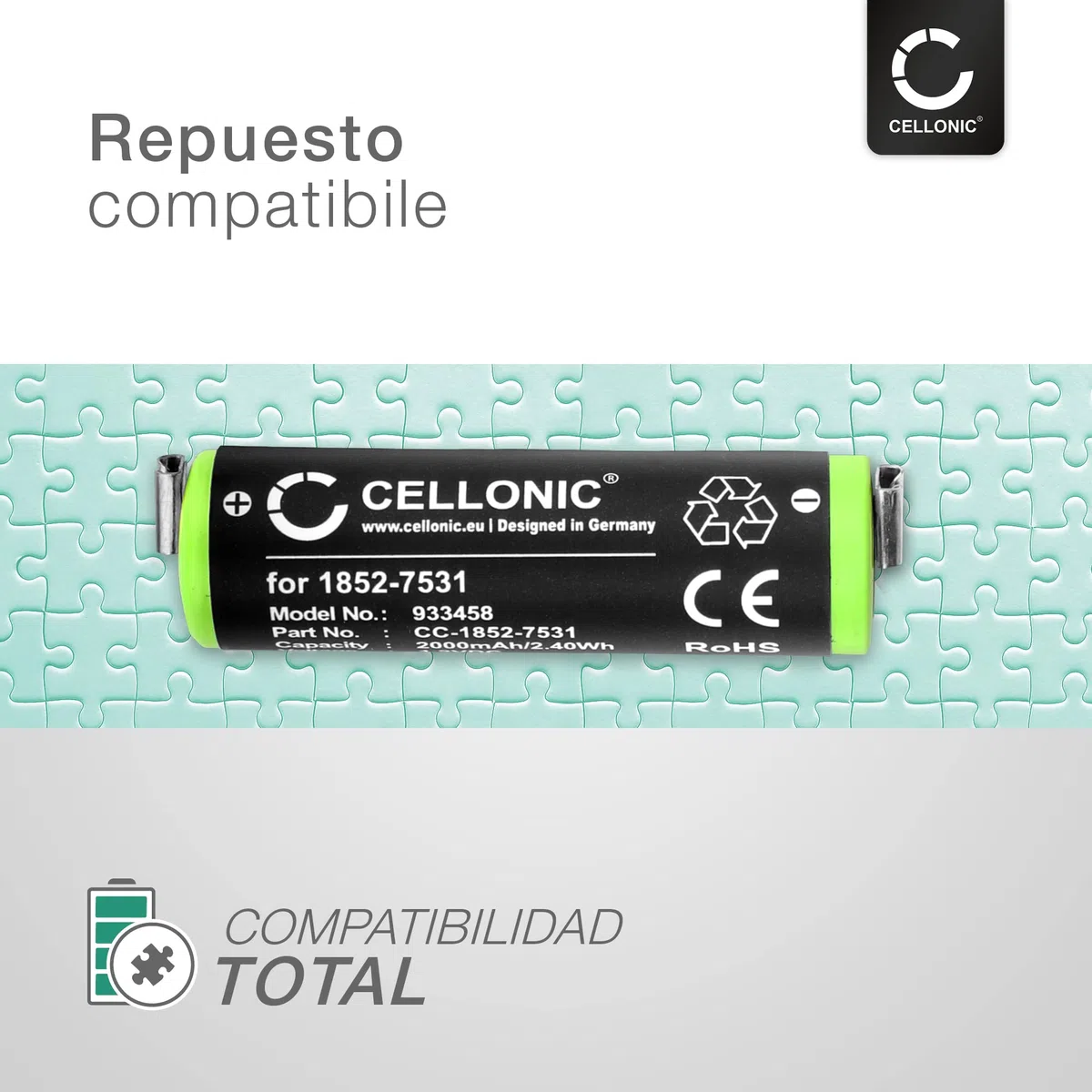 CELLONIC, Batería para Afeitadora Compatible con Moser ChroMini 1591Q, Contura 1591, 1852-7531 (1.2V, 2000mAh) 2 Unidades