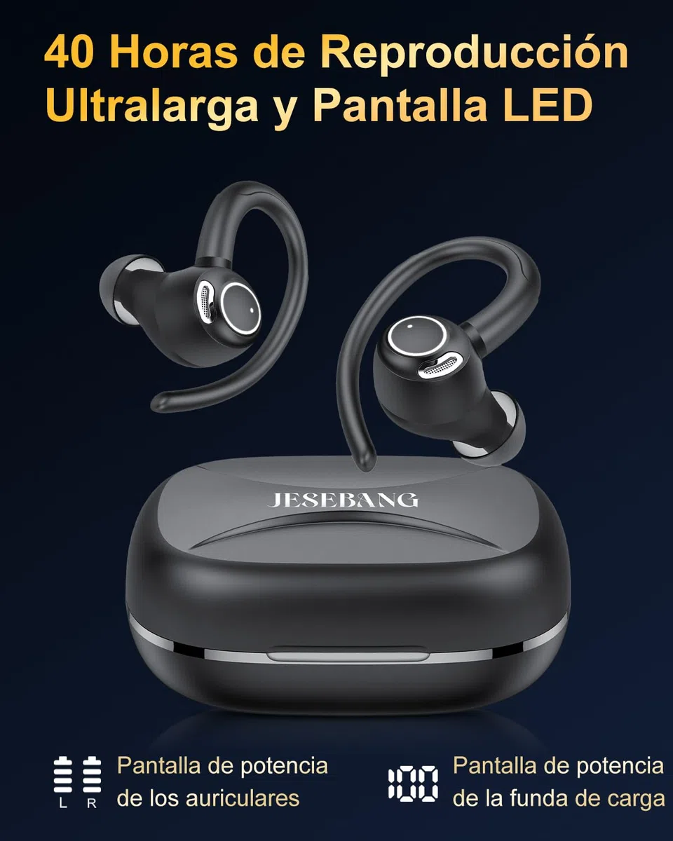 Jesebang Auriculares Inalámbricos Deportivos, Auriculares Bluetooth 5.3 con HD Micrófono, Sonido Premium, 40H de Reproducción, Pantalla LED, Cómodos de Llevar, Cascos Inalambricos con Gancho, Negro