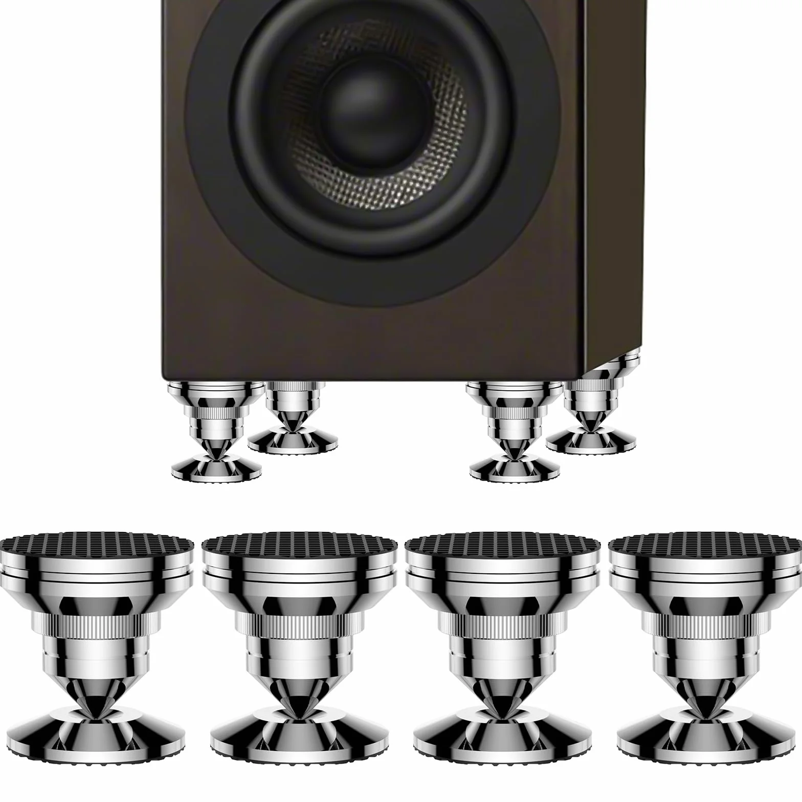 Tertullus Juego de 4 clavijas para altavoces, de acero inoxidable, altura regulable, con picos, arandelas para dispositivos de alta fidelidad y altavoces