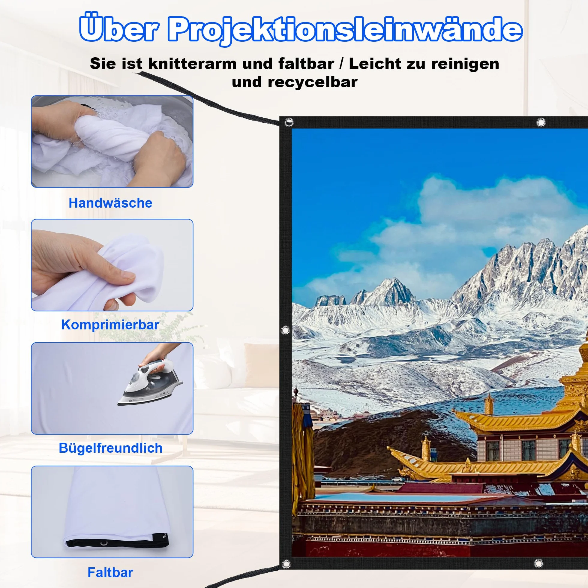 Pantalla Proyector 100 Pulgadas, 16:9 4K Full HD Portátil Pantalla, Antiarrugas Lavable Tela Proyector para Exterior Camping Fiesta Hogar