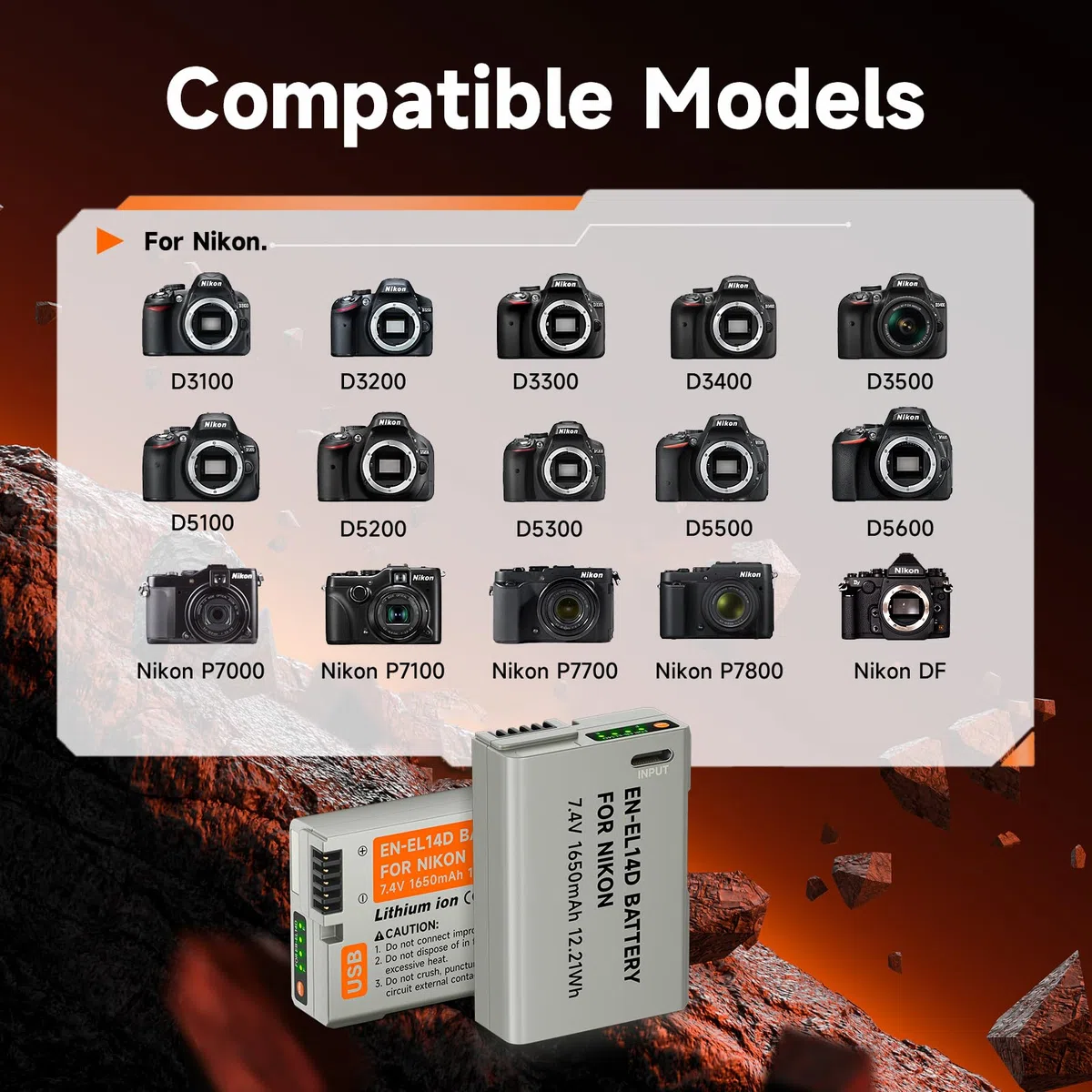 ENEL14 Batería de Repuesto 1650mAh con Cable de Carga USB C para Nikon D5600, D5100, D5200, D5300, D5500, D3200, D3400, D3500, Coolpix P7100, P7200 (1Pcs)
